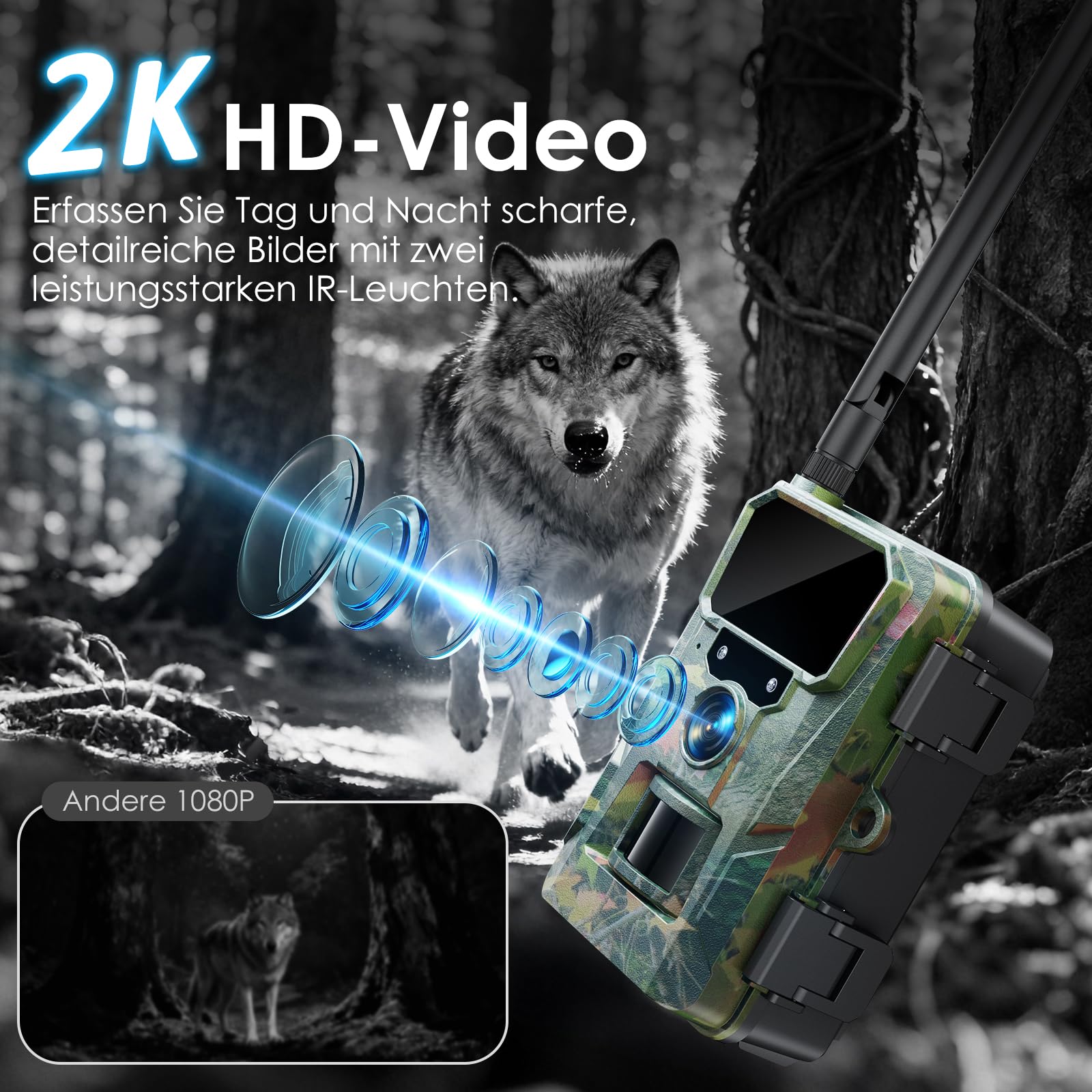 WOLFANG 4G/LTE Wildkamera Solar, 2K 48MP Live Übertragung Wildkamera mit Handyübertragung App, 5200H mAh Akku, Wildtierkamera mit Nachtsicht Bewegungsmelder mit 64G Speicherkarte IP66 Wasserdicht