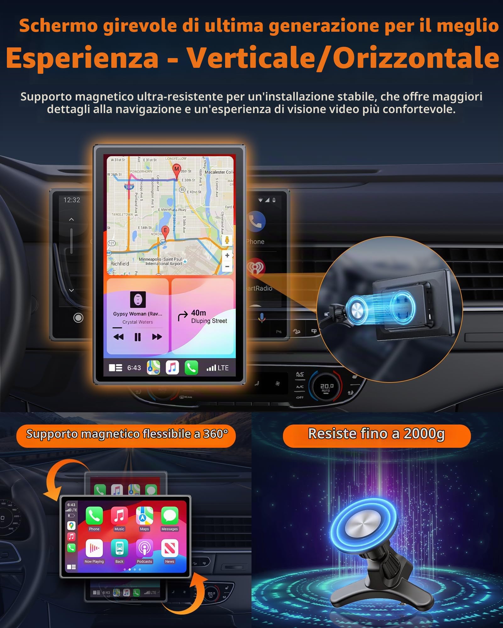 2025 Orizzontale/Verticale Carplay Auto Schermo Android Auto, 7 Pollici Carplay Android Auto Wireless con Aggiornamento OTA Supporto Magnetico Autoradio Bluetooth con Navigazione GPS Superlink