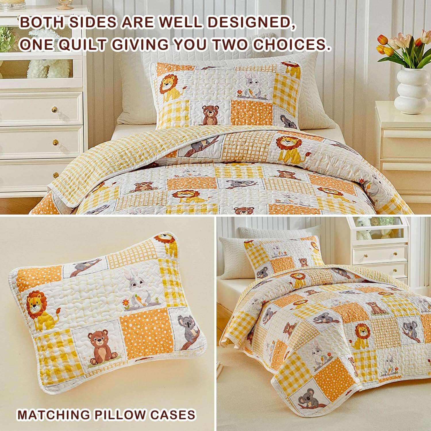 Joyreap Twin Size Quilt Set for Kids, Yellow White Animals Patchwork Design, 2 Pieces Soft n Cozy Microfiber Quilt, Bedspread Bed Cover for All Season- 68x88 inches