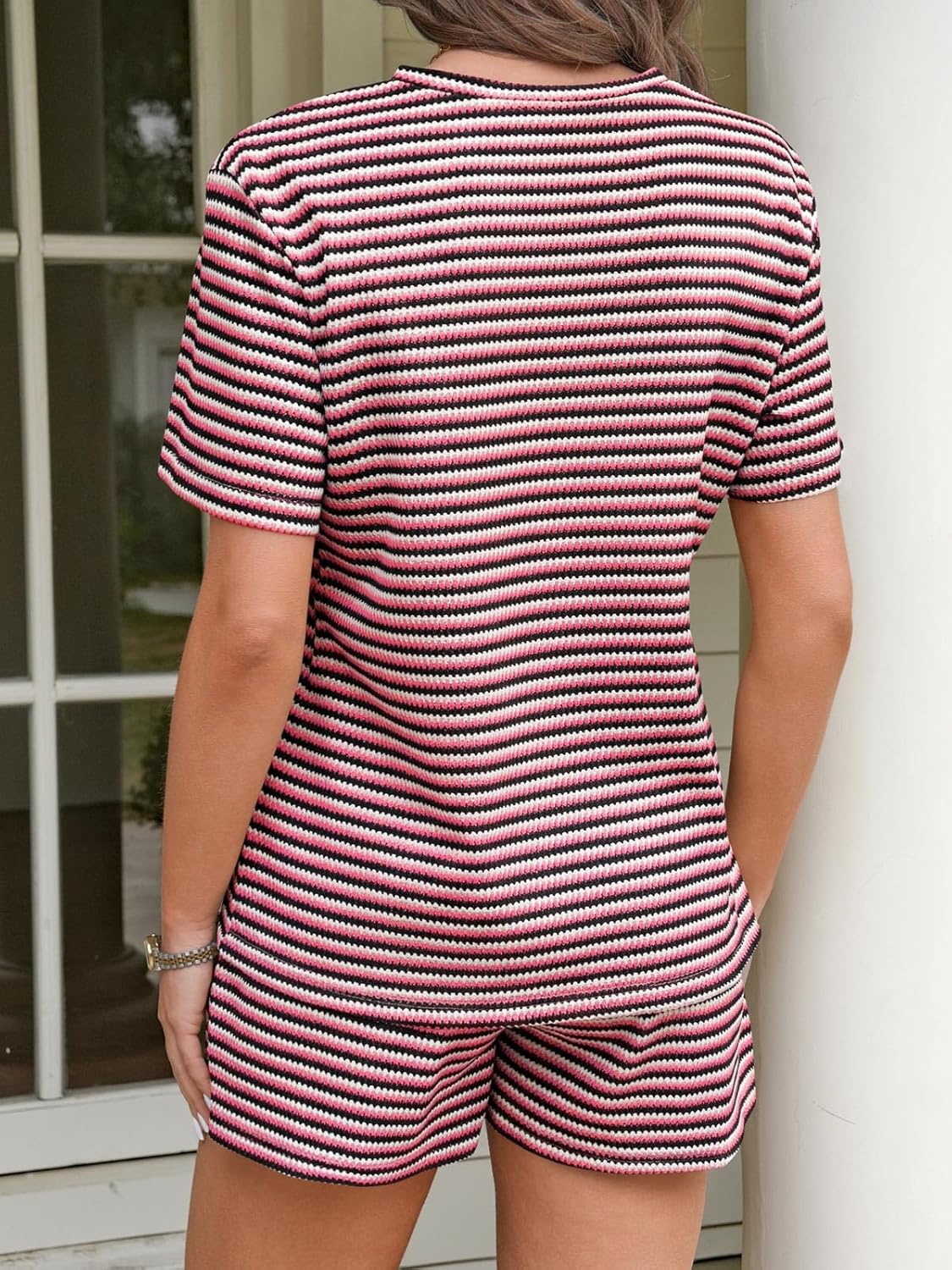 Fisoew Womens Striped 2 Piece Outfits Casual Short Sleeve Shirts Tops Knit Shorts Sets Workout Tracksuits Matching Sets - Image 5