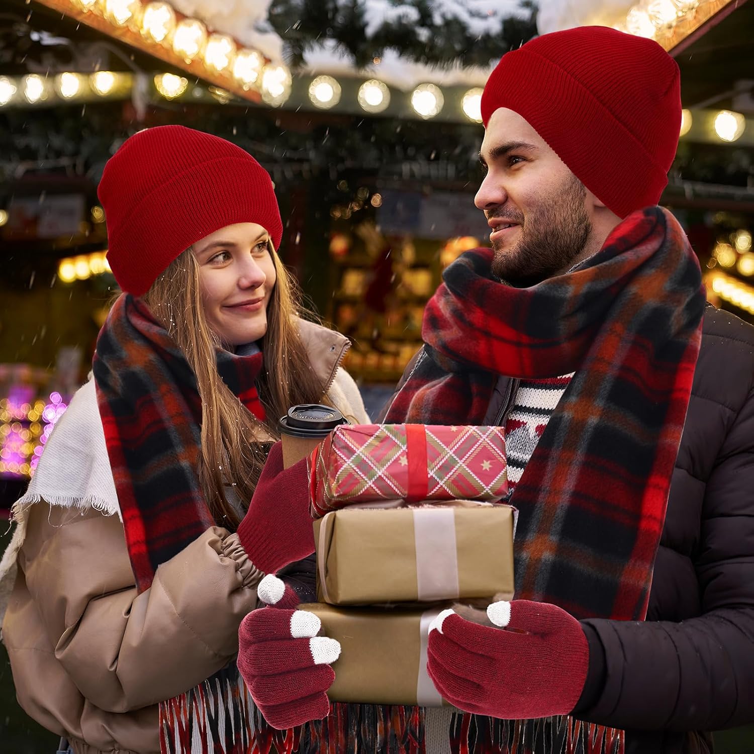 90 Pcs Hats Scarves Gloves Supplies Bulk Winter Beanies Red Grids Scarves Touchscreen Gloves for Men Women - Image 6