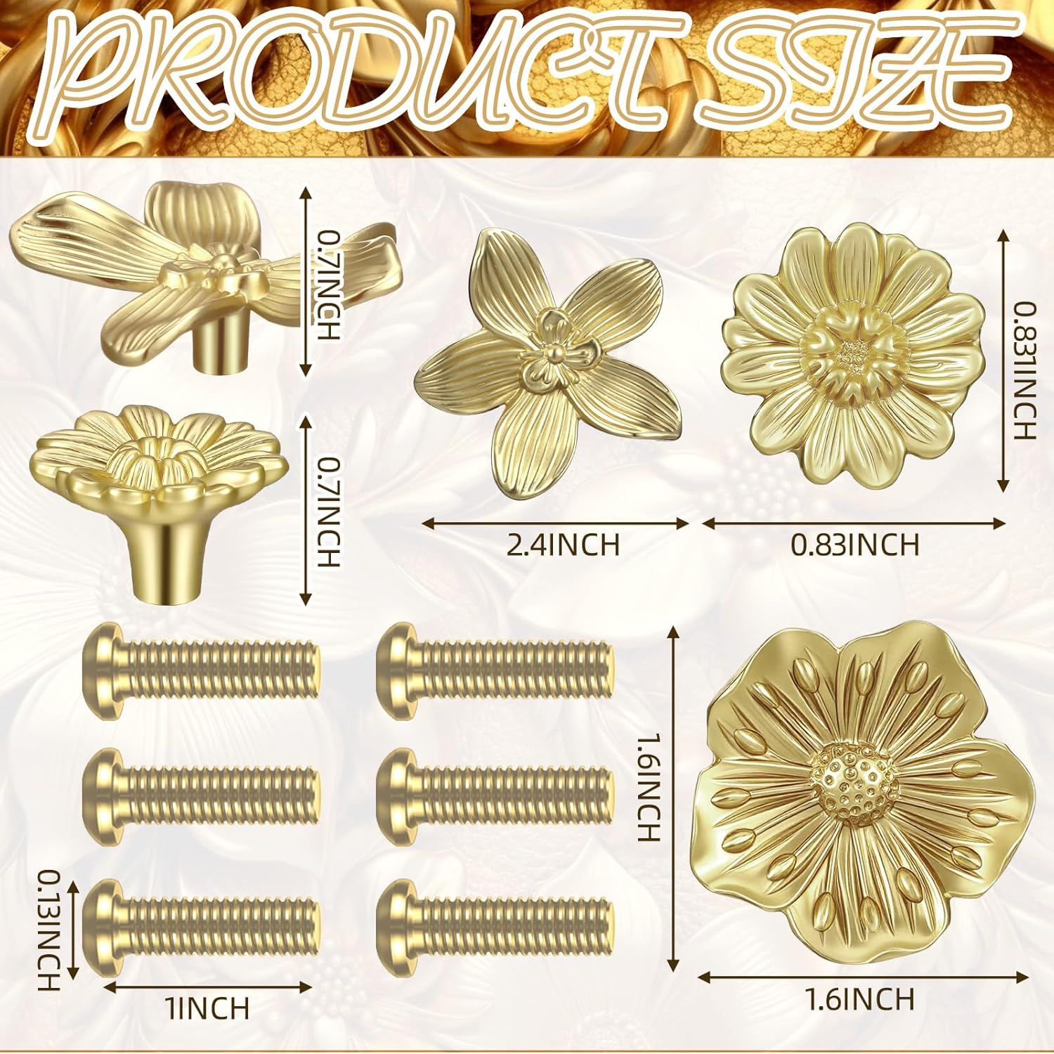 Gold Flower Dresser Knobs 6 Pack, Brass Flower Knobs for Dresser Drawer, Brass Decorative Floral Cabinet Pulls Handles Vintage for Nursery Bedroom Wardrobe Spring Home Decor(Large,Petals)