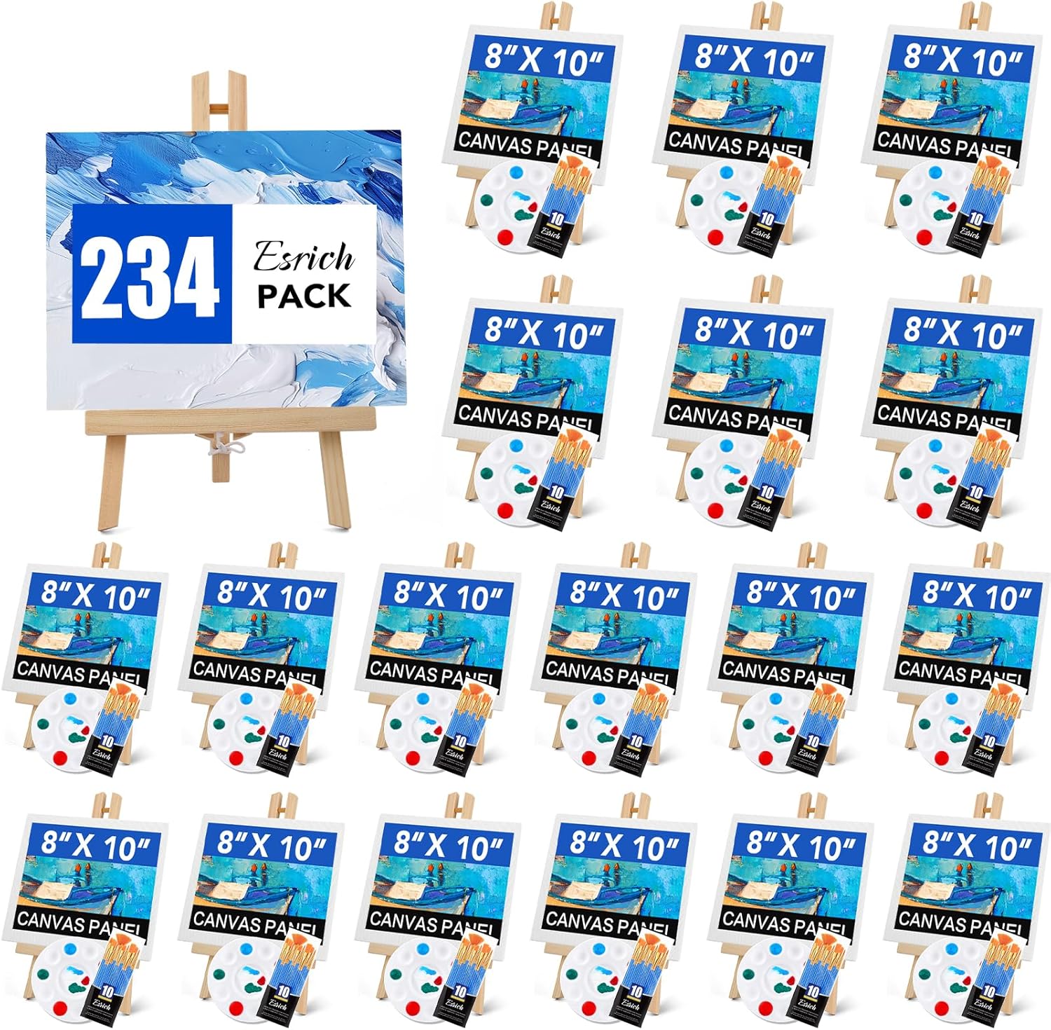 ESRICH 234 Pack Canvas with Easel Set 8 x 10 in Canvas Boards with 11.8 in Wooden Easels, Paint Brushes Canvas Panel Painting Kit for Acrylic Oil Watercolor Beginners Art Crafts Sip and Paint Party