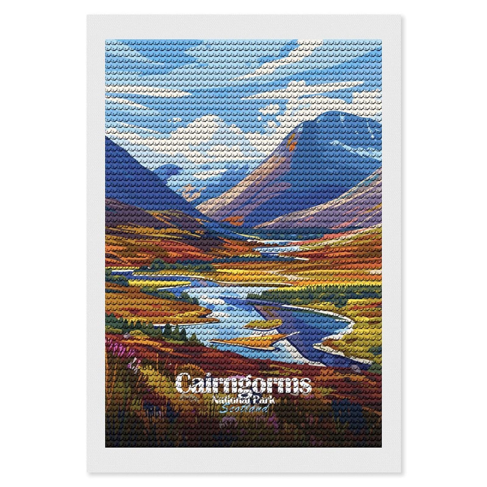 Junmoney Cairngorms National Park, Scotland Diamond Art Kit 8"x12", Vintage Style Decor, Stress Relief Craft, Decor Project, Relaxing DIY, Creative Hobby