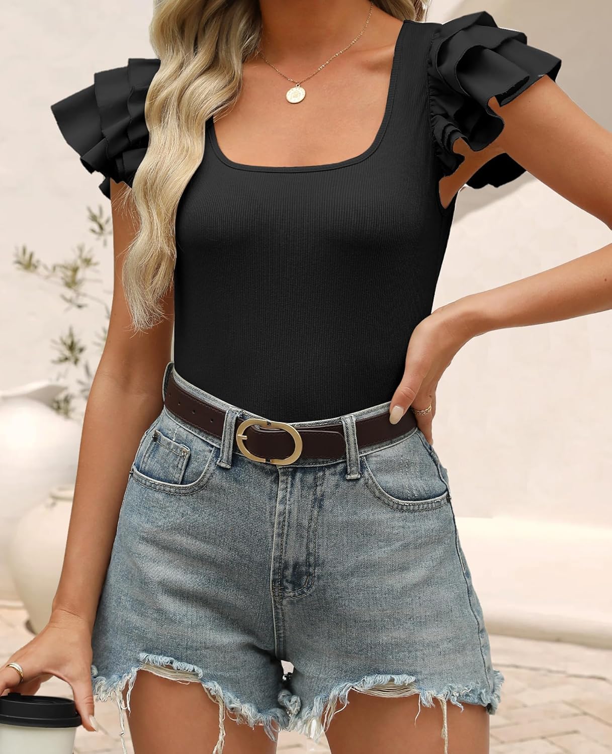 Women's Ruffle Short Sleeve Shirts Summer Casual Ribbed Knit Tee Fitted Square Neck Fashion Tops - Image 3