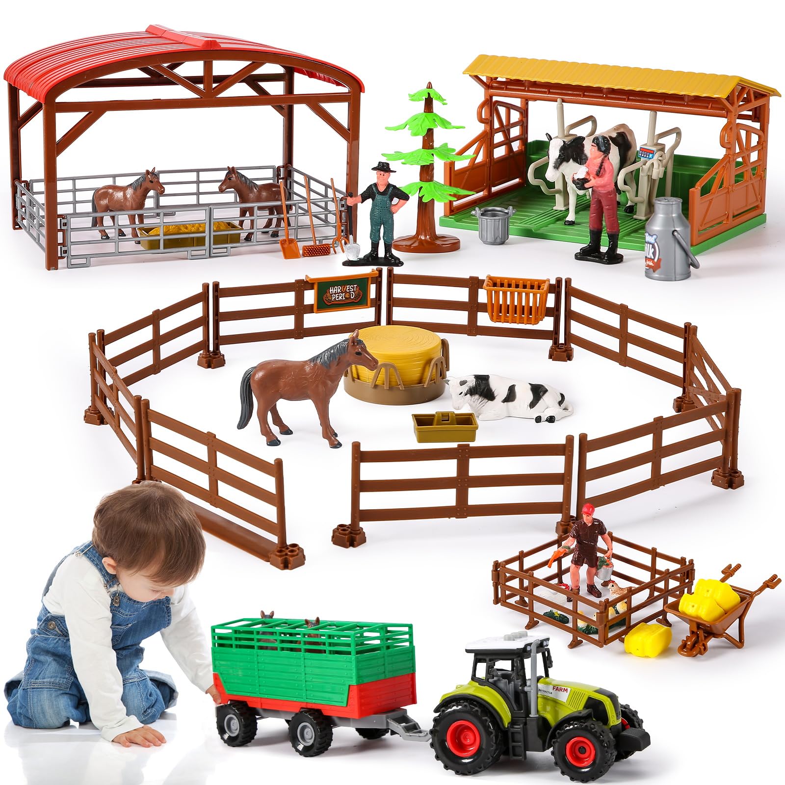 Hyrenee Boerderijfiguren, speelset, dierenschuur, huisspeelgoedset, tractor, boer, hek, cadeaus voor meisjes en jongens, peuters, kinderen van 3 tot 7 jaar oud