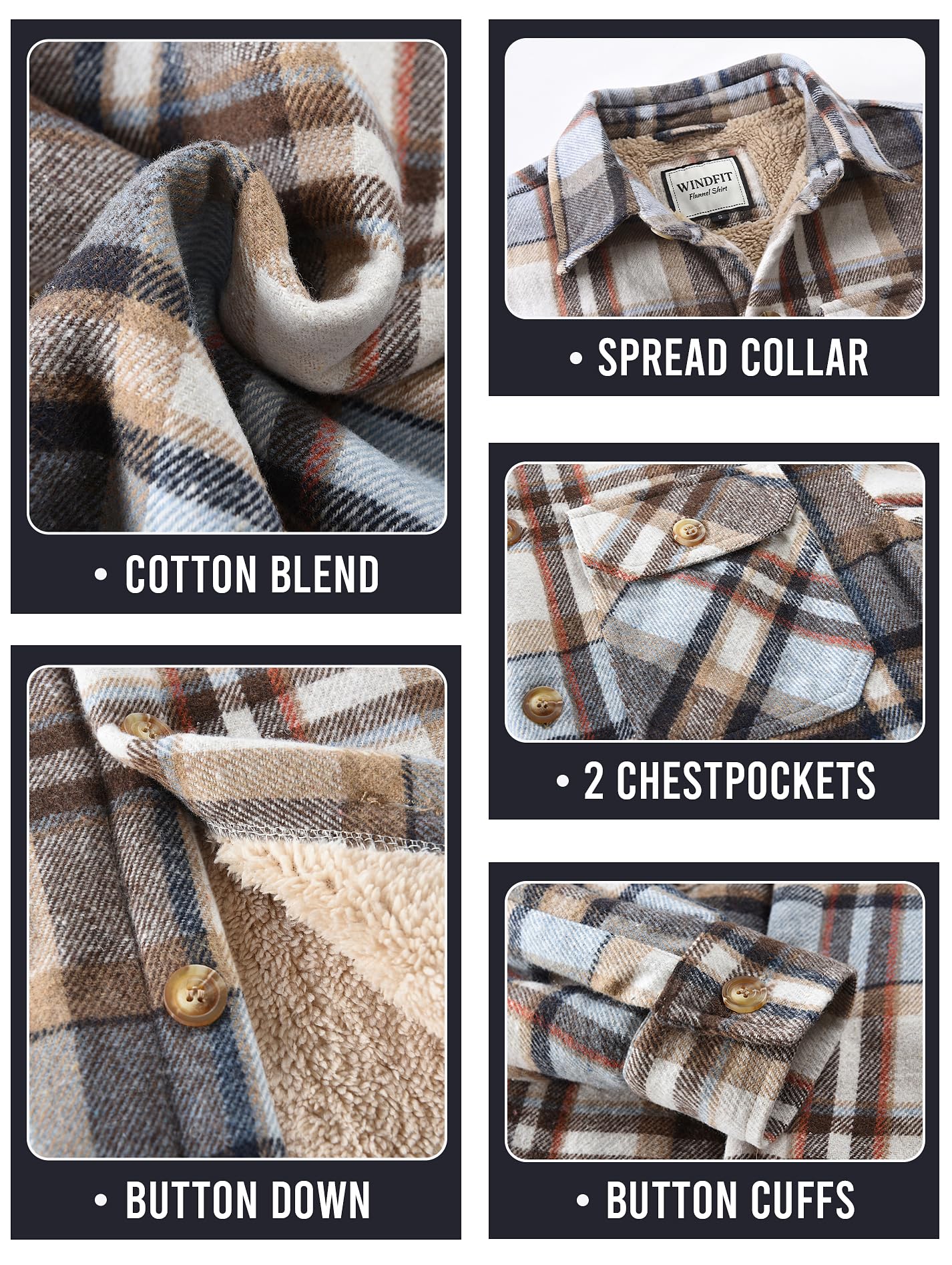 WINDFIT Flanell-Hemdjacke für Herren, Baumwolle, Sherpa-Futter, Knopfleiste, kariert, weich, Outdoor-Flanelljacke
