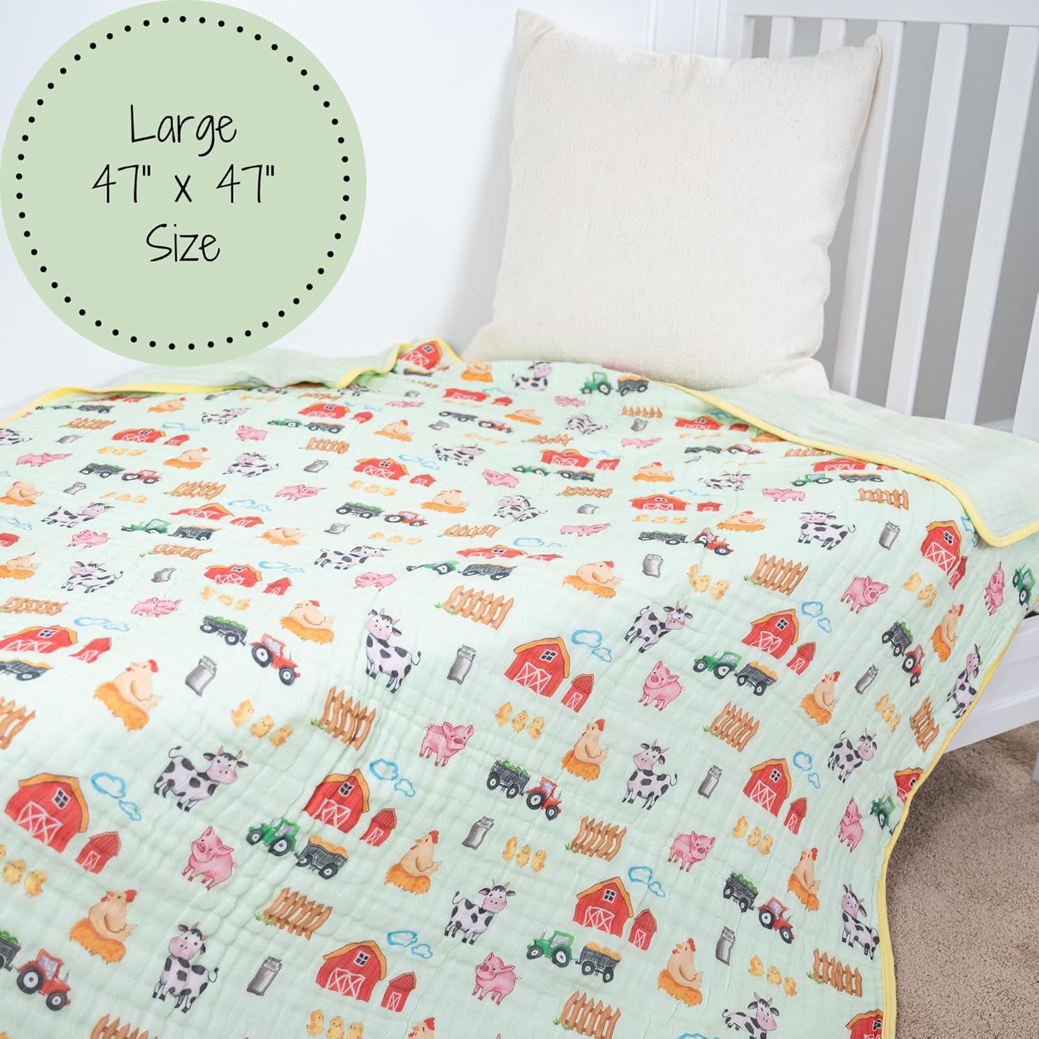 LollyBanks Muslin Baby Blanket 100% Organic Cotton, Muslin Quilt Lightweight, 6 Layers Soft Blanket Neutral, 47"x 47" Toddler Blankets for Girls and Boys, Nursery Receiving Blankets (Farm Theme Print) - Image 4