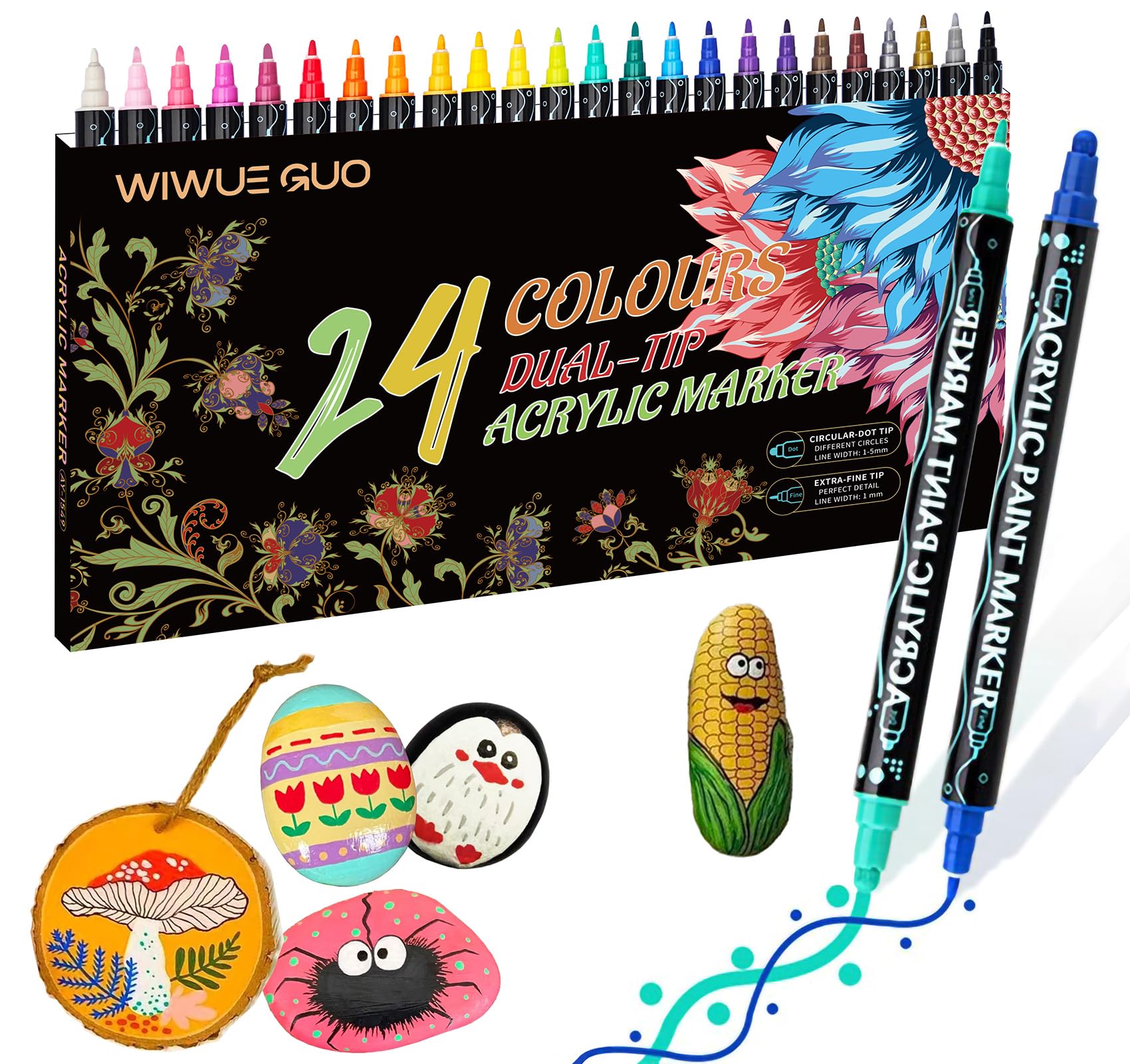 WIWUE GUO 24 Colors Acrylic Paint Pens, Dual Tip Acrylic Paint Markers with Brush Tip and Fine Tip, Acrylic Pens for Rock Painting, Wood, Glass, Ceramic, Canvas, DIY Crafts Making Art Supplies