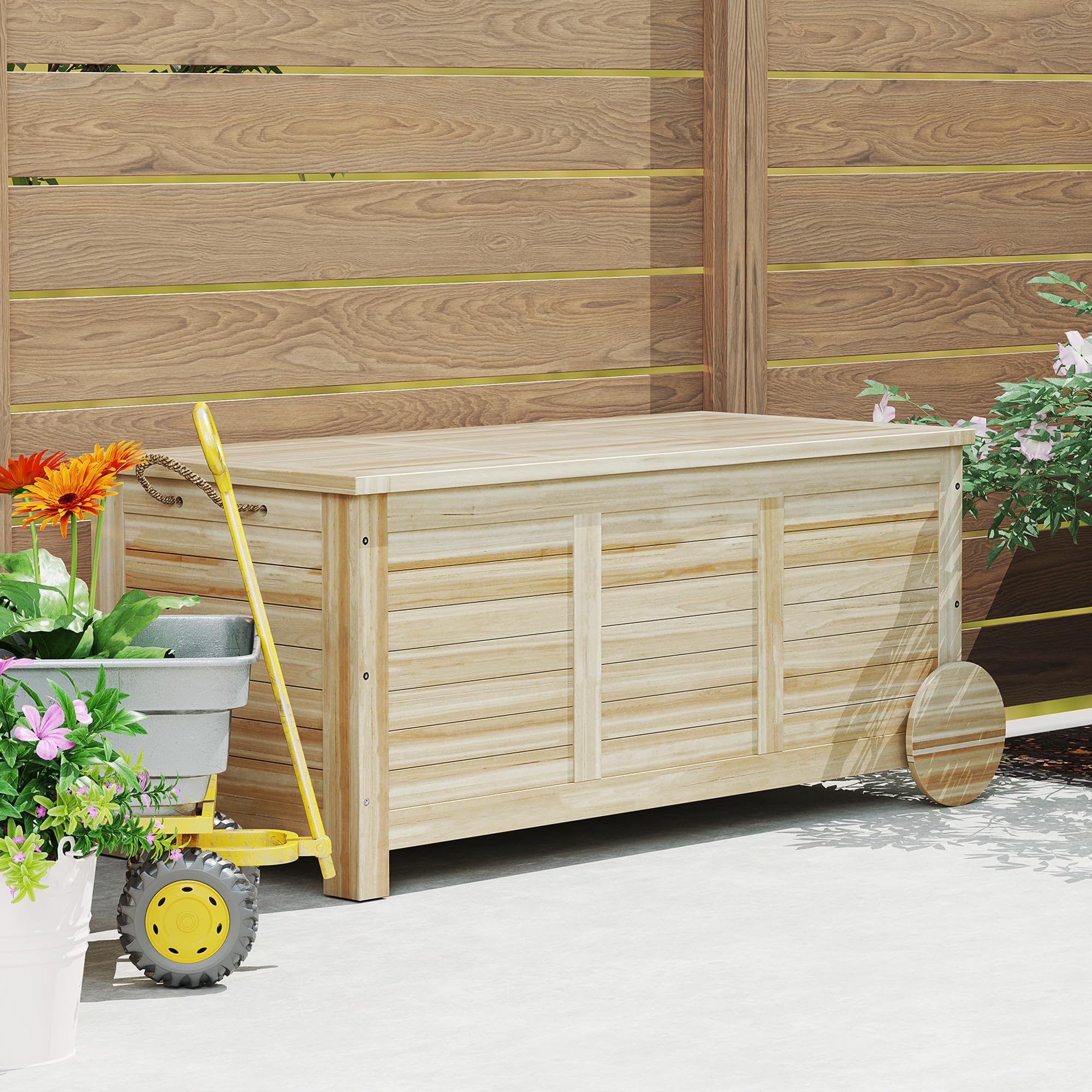Outsunny Baúl de Almacenaje Exterior 185L, Arcón de Jardín de Madera con Tapa Abatible, 2 Ruedas, Bisagras Metálicas, Cuerdas de Lino y Forro Interior, 110x50x50 cm, Natural