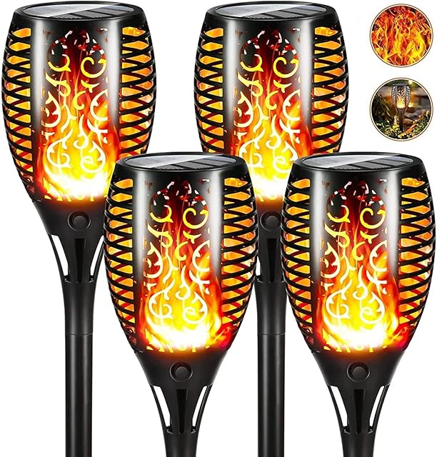 Hobubu Solar Lights Garden Torch Lights, 4 Pack, IP65 Waterproof Flickering Flame Solar Dancing Flame Landscape Decoration Lighting Dusk to Dawn Outdoor Pathway Light for Garden Patio Decor Driveway