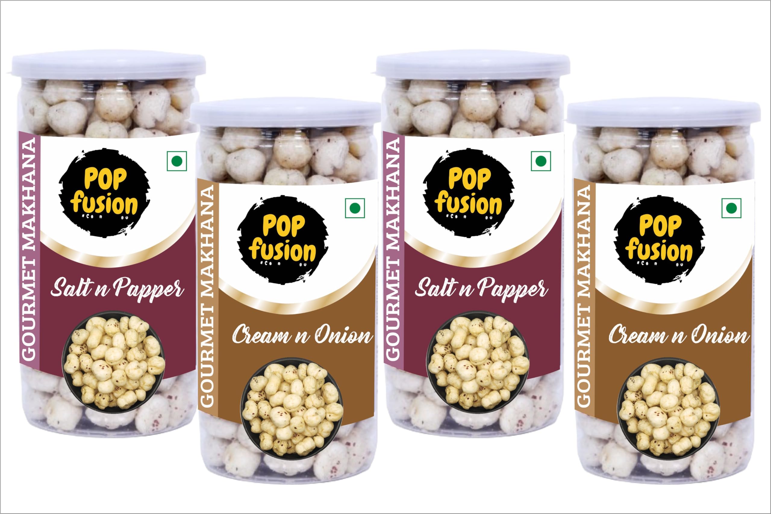 Popfusion Gourmet Roasted and Flavoured Makhana- Himalyan Salt & Pepper Makhana(70gm*2) and Creamy Onion(70gm*2) - Gluten free and Low Fat Snacks with Airtight Glass Jar - Pack of 4 (280gm)