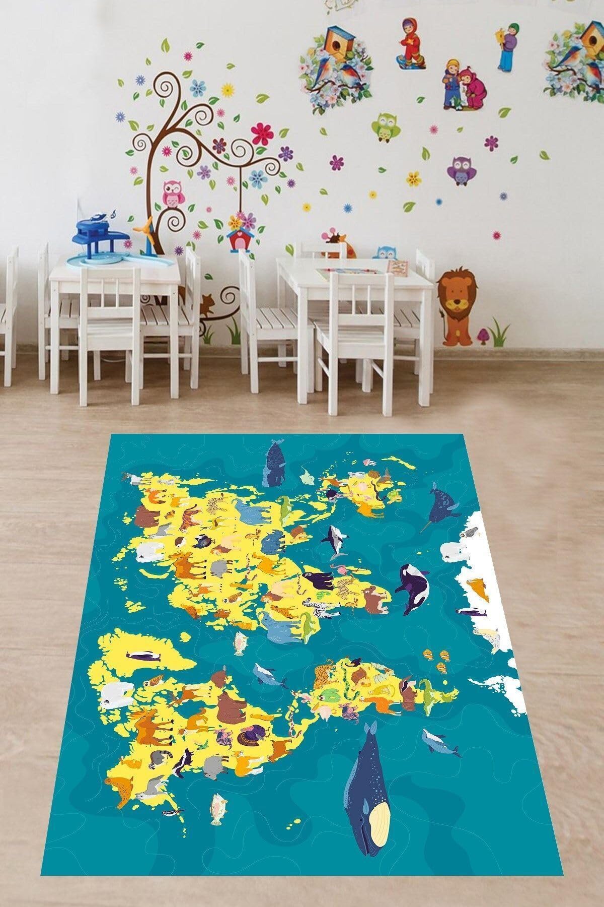 Pelangi Safari Karada ve Suda Yaşayan Hayvanlar Yıkanabilir Kaymaz Taban Leke Tutmaz Çocuk Odası Halısı, Turkuaz-Sarı 120 x 160, 9038680157120160