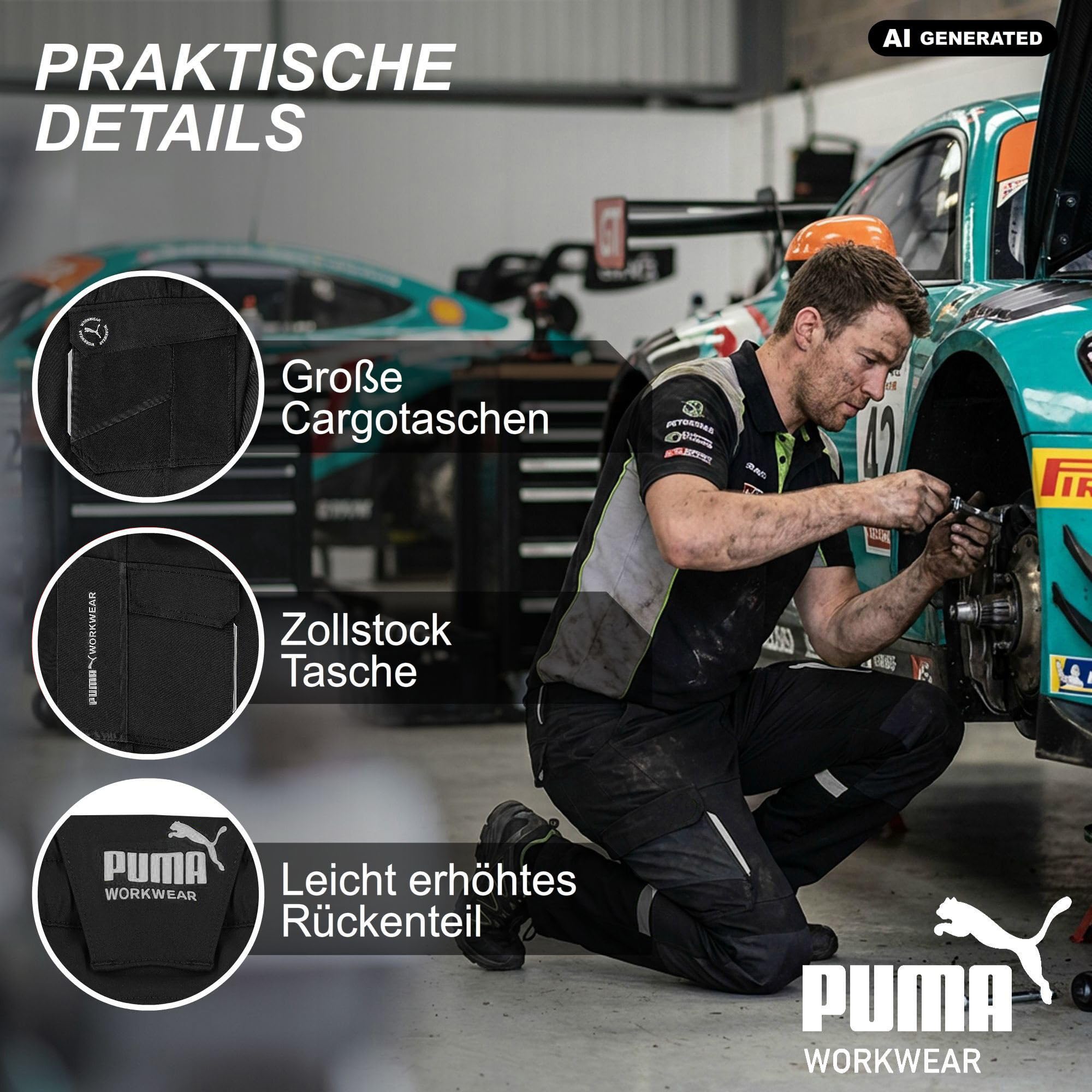 PUMA Workwear męskie spodnie robocze – z 4-kierunkowym stretchem – wytrzymałe spodnie ze wzmocnionym obszarem kolan i gumowym ściągaczem w pasie – podwyższona część pleców – spodnie z przedłużonym