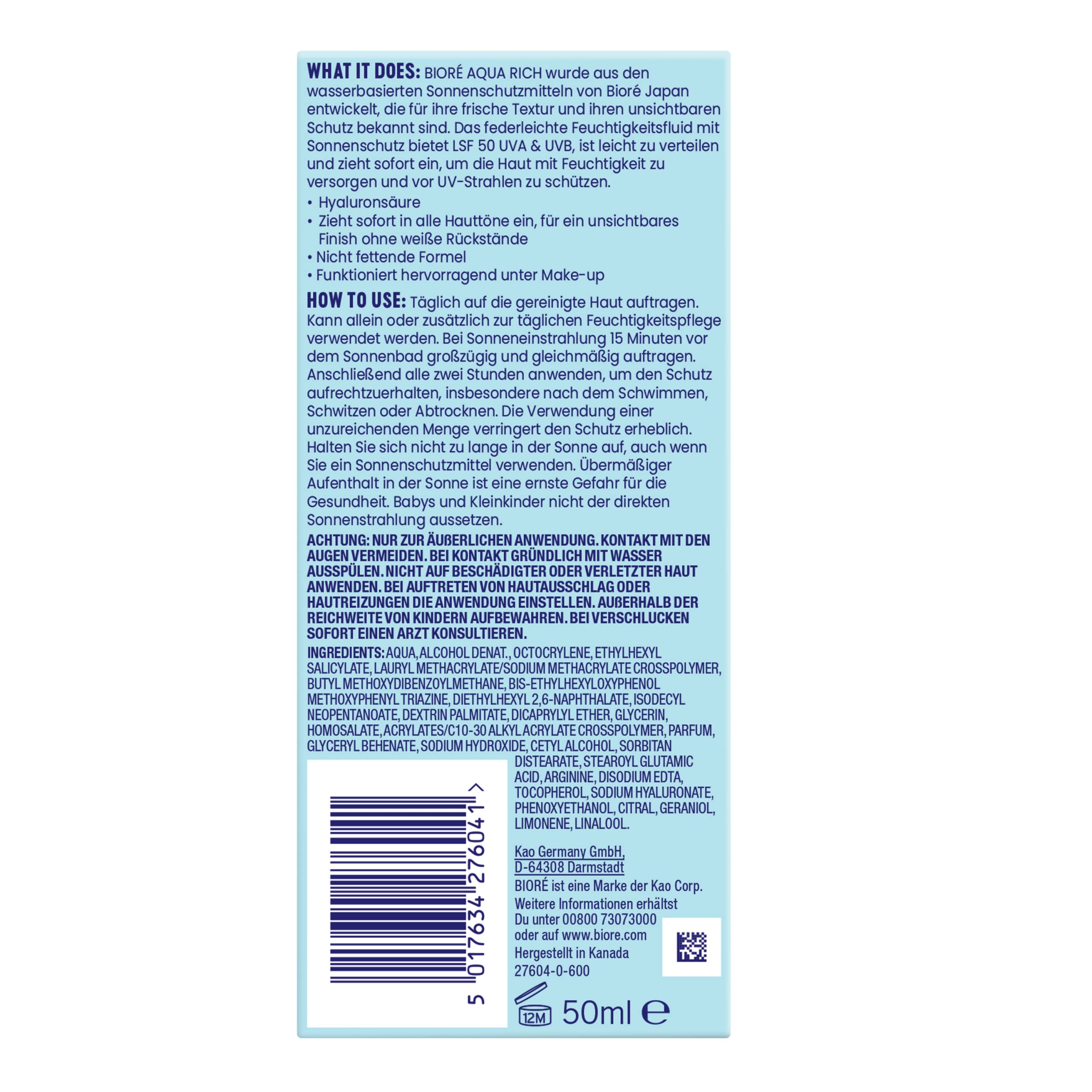 Biore Aqua Rich UV – lekki płyn nawilżający do twarzy – ochrona przed słońcem – współczynnik ochrony przeciwsłonecznej LSF 50 – UVA/UVB – działa pod makijażem – nie natłuszcza