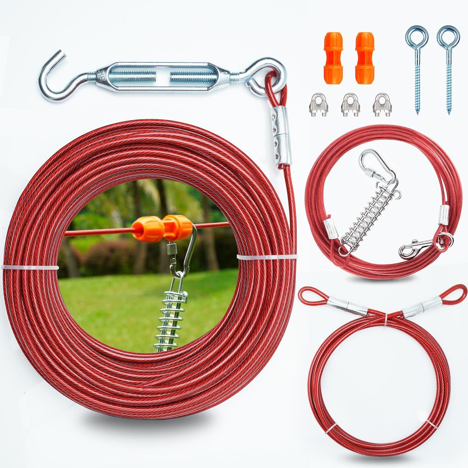 Heavy Duty Aerial Dog Tie Out Trolley System for Small to Large Dogs - Run Cable 100ft /75ft Zipline with 10ft Runner Cable Great for Yard (Red, 100