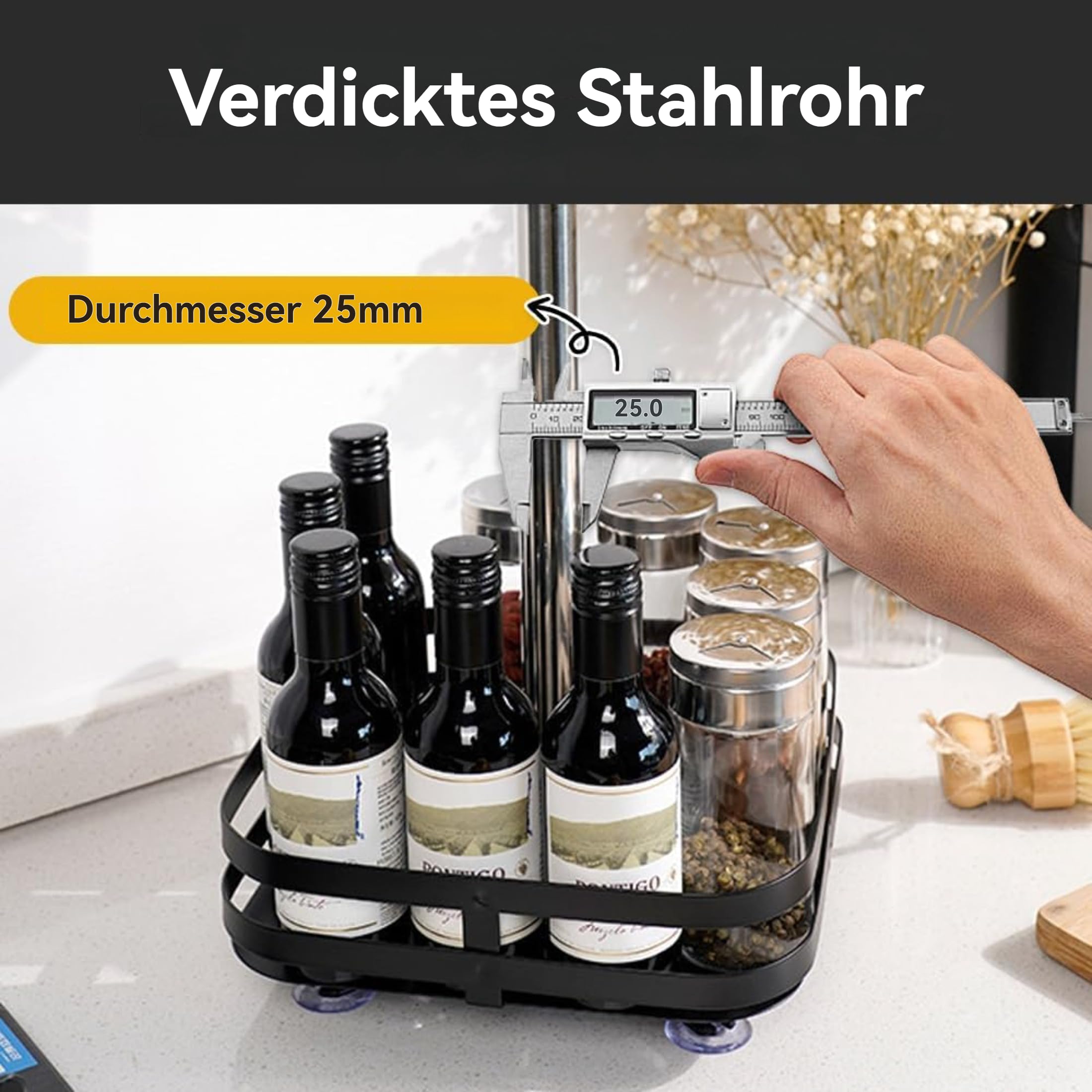 Drehbarer Organizer 2 Etagen Schwarz Küchenregal Stehend 360° Küchengewürzen Küchenregal Arbeitsplatte Eckregal Küche Gewürzregal Stehend Ohne Bohren Lazy Susan Bohren für Gewürzgläser, Kosmetik(W01)