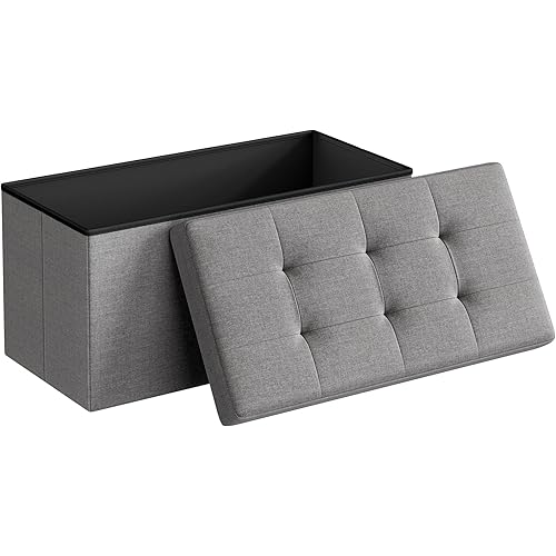 SONGMICS MAZIE Collection - 30 Inches Folding Storage Ottoman Bench, Ottoman Foot Rest, End of Bed Bench, Storage Chest, Load 660 lb, for Living Room, Bedroom, Entryway, Light Gray ULSF47G