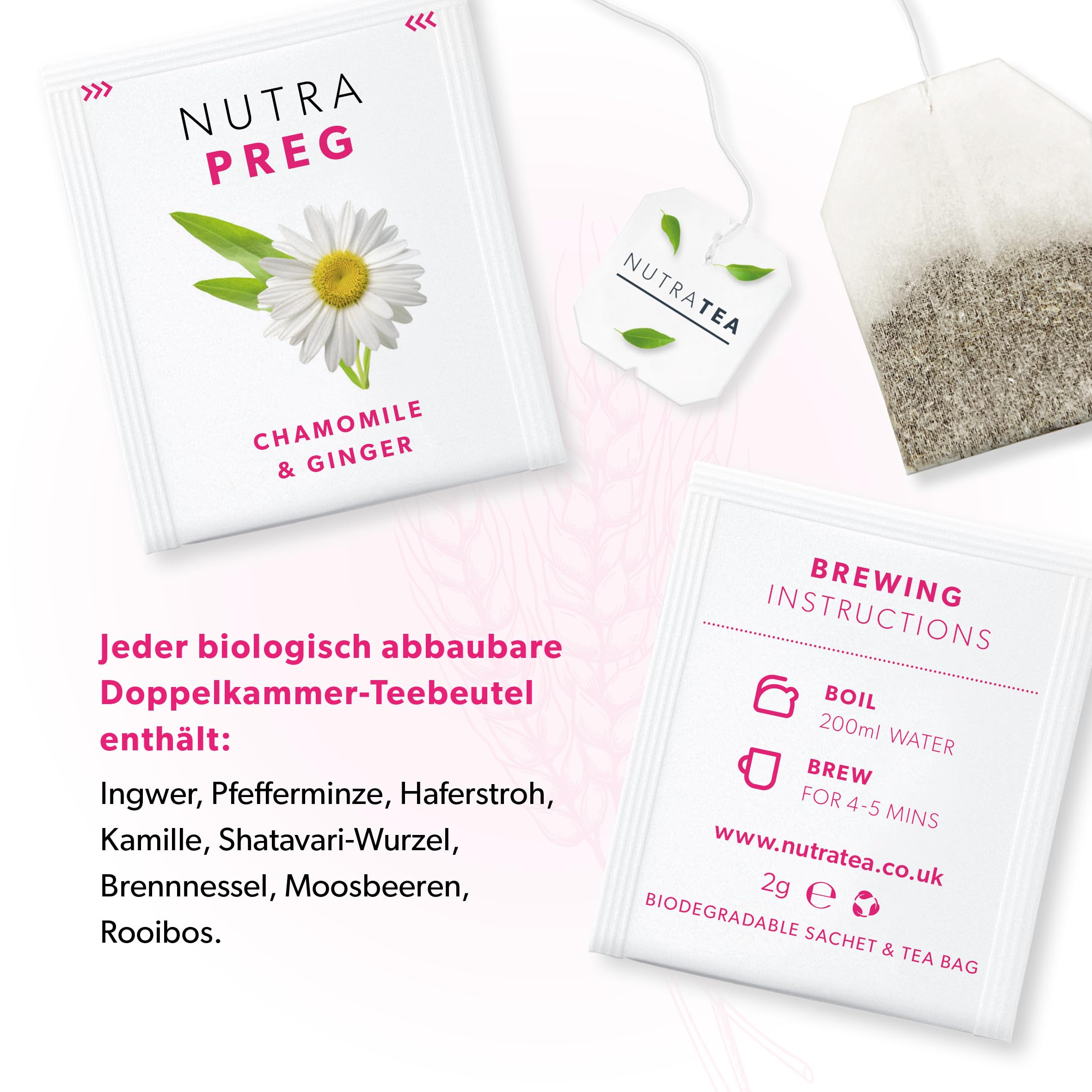 Nutra Tea NUTRAPREG, Schwangerschaftstee unterstützt während der Schwangerschaft das Wohlbefinden, beugt Übelkeit vor, trägt zur Entspannung bei, 120 wiederverwendbare Teebeutel, mit Kamille & Ingwer