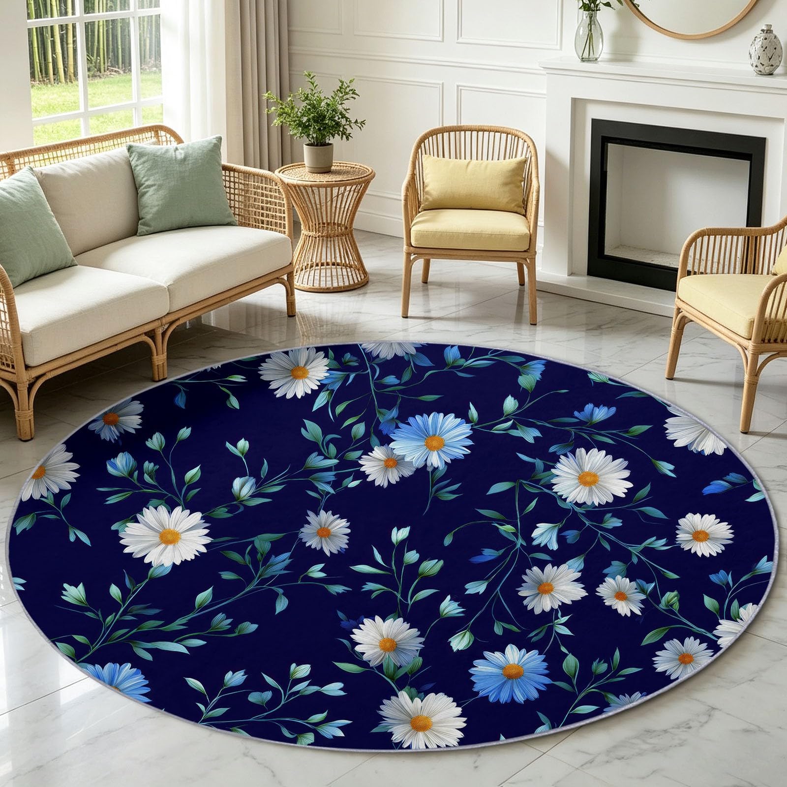 Generisch Alfombra redonda lavable salón 180 cm azul estilo rústico