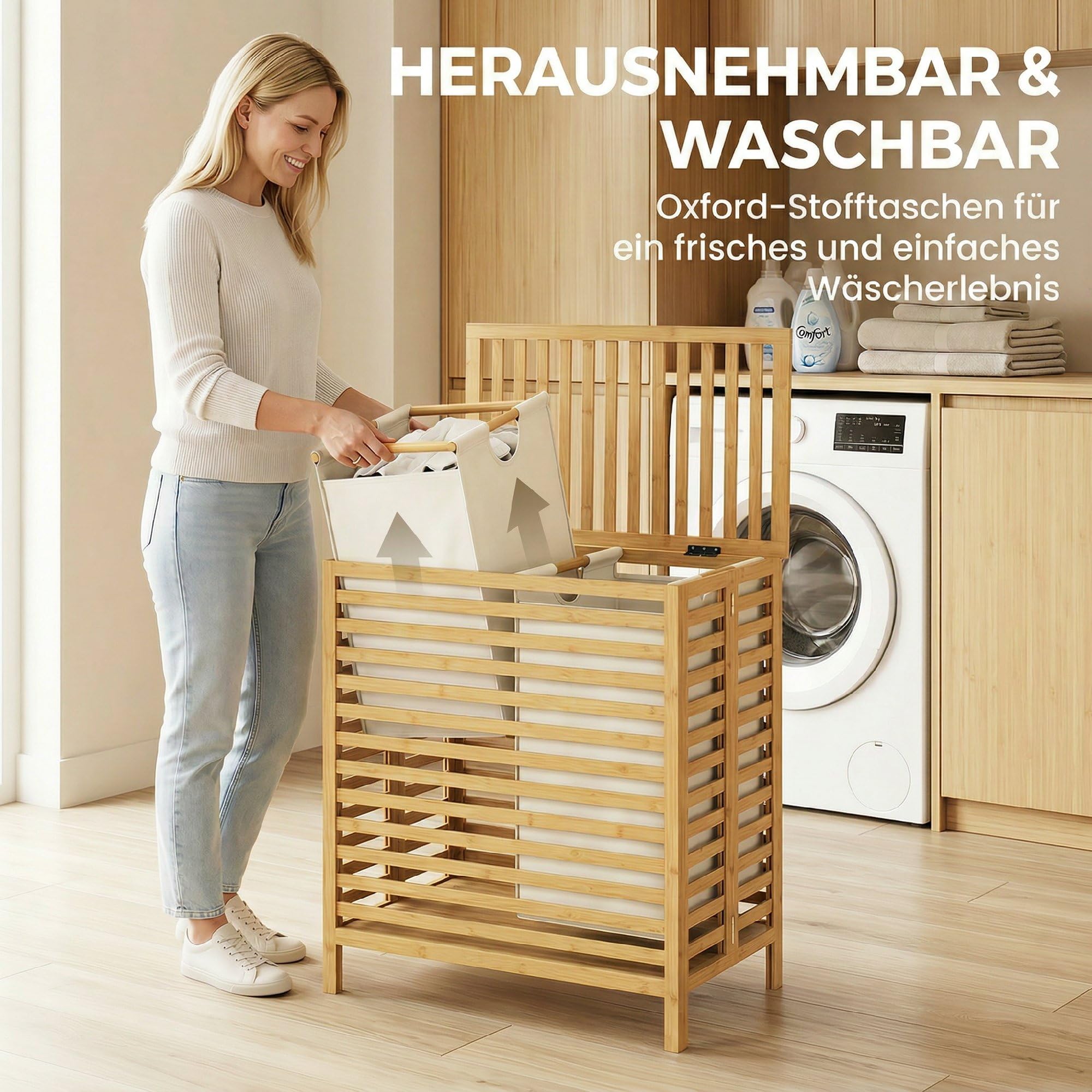 HOMCOM Cesta de ropa de bambú con tapa, 64L bambú natural y blanco crema