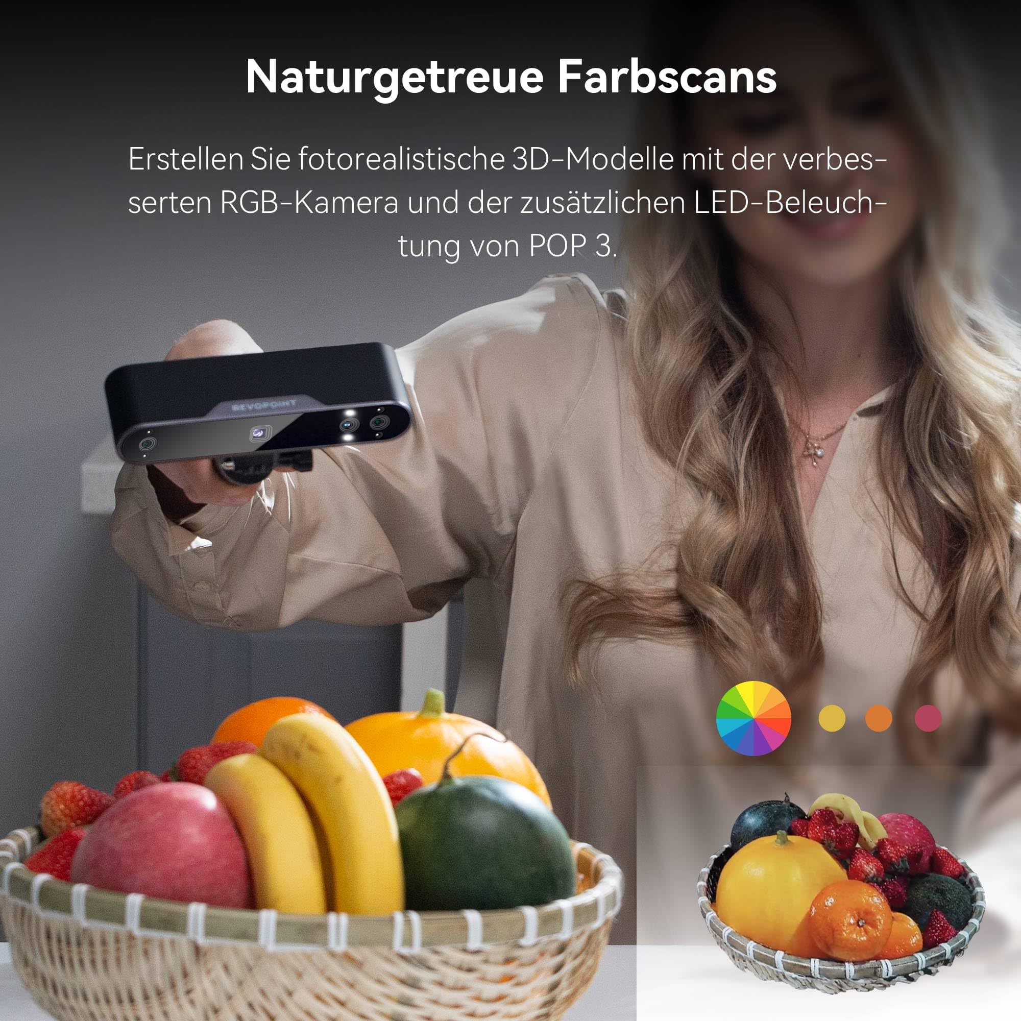 [2023 Upgrade] Revopoint POP 3 Handheld 3D-Scanner für 3D-Drucker mit Farbdaten, 0,05 mm Präzision und einer Scangeschwindigkeit von bis zu 18 FPS, unterstützt Smartphones und Laptops-Advanced