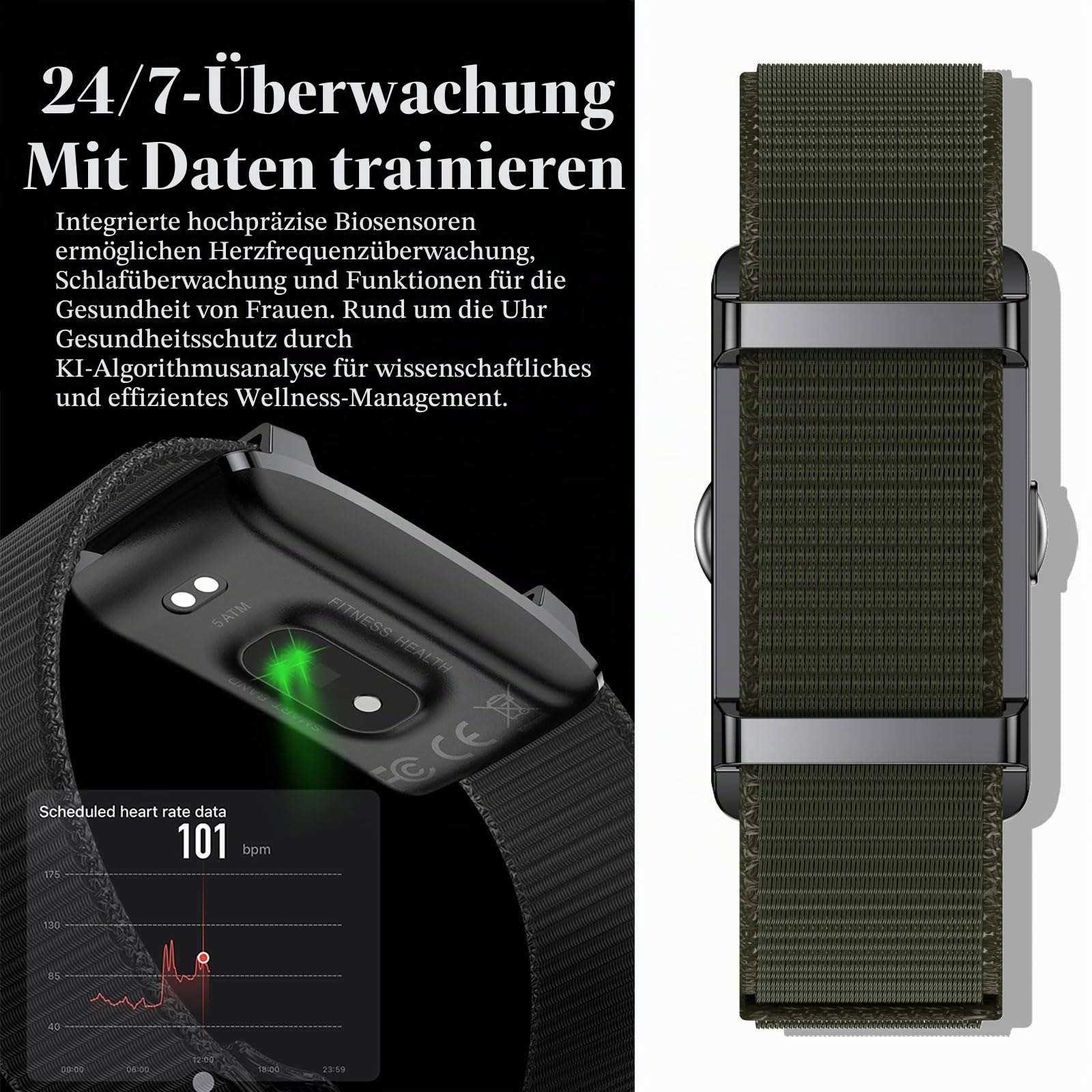 findtime Fitness Tracker Armband Aktivitätstracker ohne Display Wearable Schrittzähler Herzfrequenz Schlafmonitor Herzfrequenzmessung Wristband Nylon Smart Band Multisport-Modi Grün