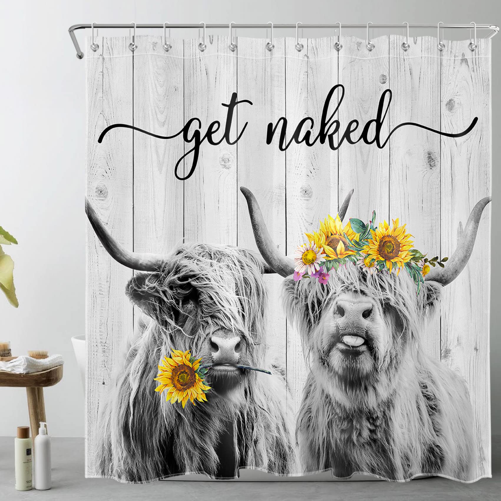 Highland Cow Shower Curtain for Bathroom Decor,Western Cow Sunflower Bathroom Curtain with Hooks,Get Naked Grey Bath Curtain Polyester Fabric Bath Decor Accessories,72x72 Inches