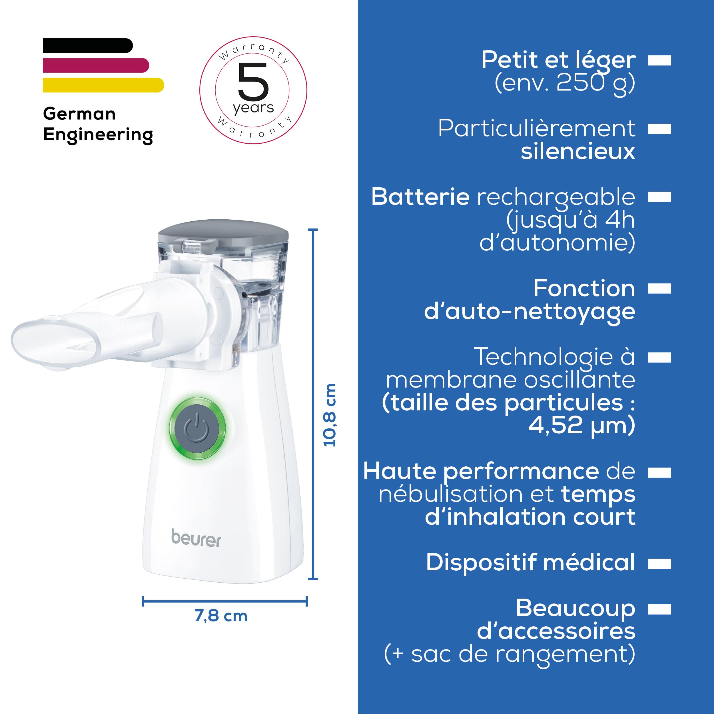 Beurer IH 57 Inhalateur, technologie à membrane vibrante et aérosol, inhalateur portable avec batterie rechargeable, à utiliser en cas de rhume, d'asthme et d'autres maladies des voies respiratoires