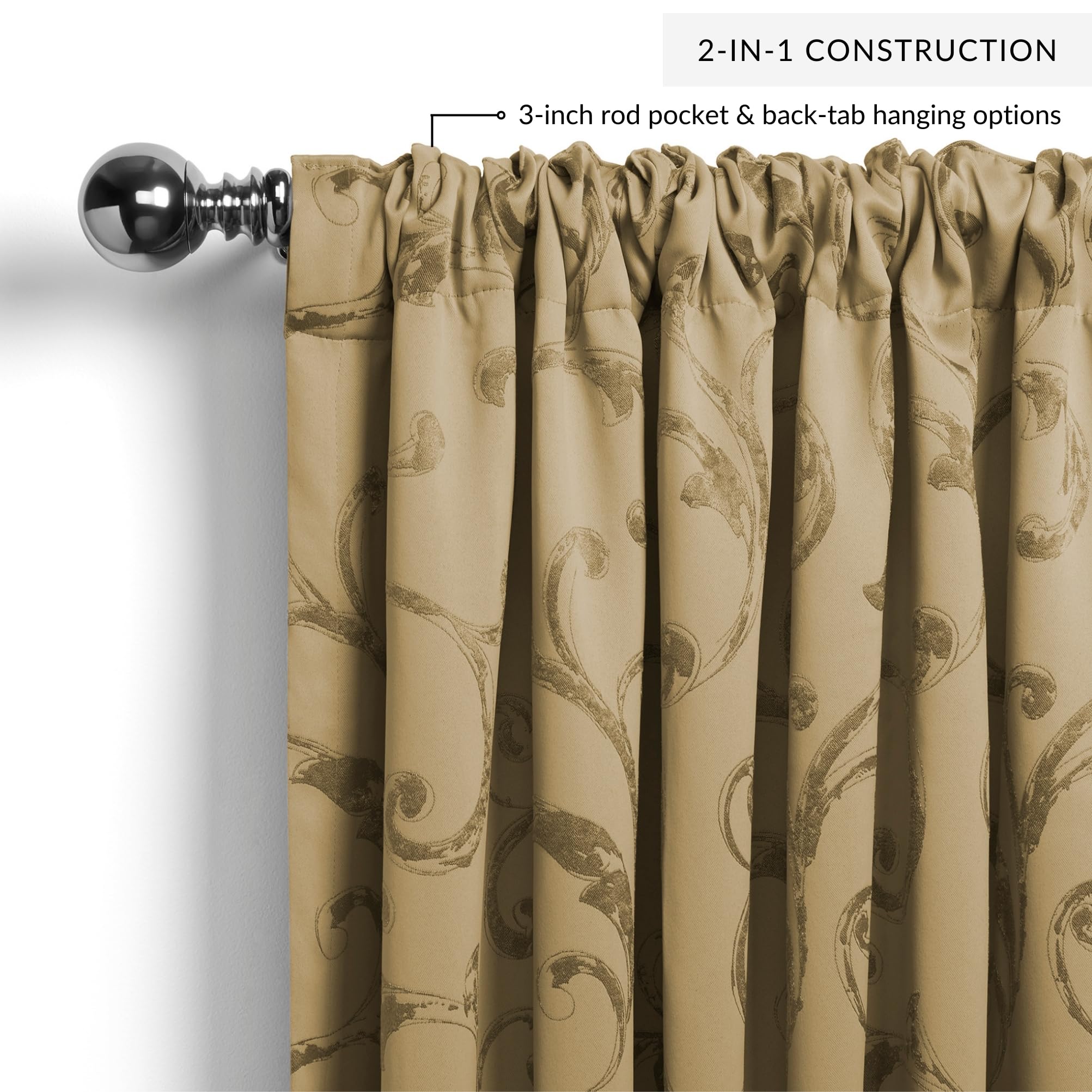Elrene Home Fashions Mia Rideau de fenêtre occultant Jacquard à volutes, 132,1 x 241,3 cm (1 Panneau), doré