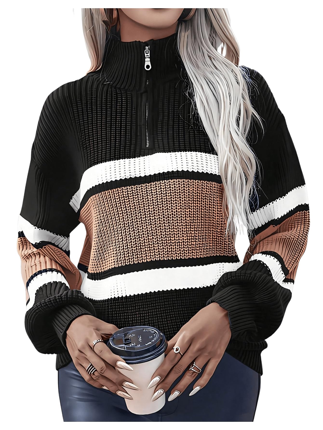 WDIRARA Womens Color Block Quarter Zip Sweaters Mock Neck Long Sleeve Pullover Knit Tops