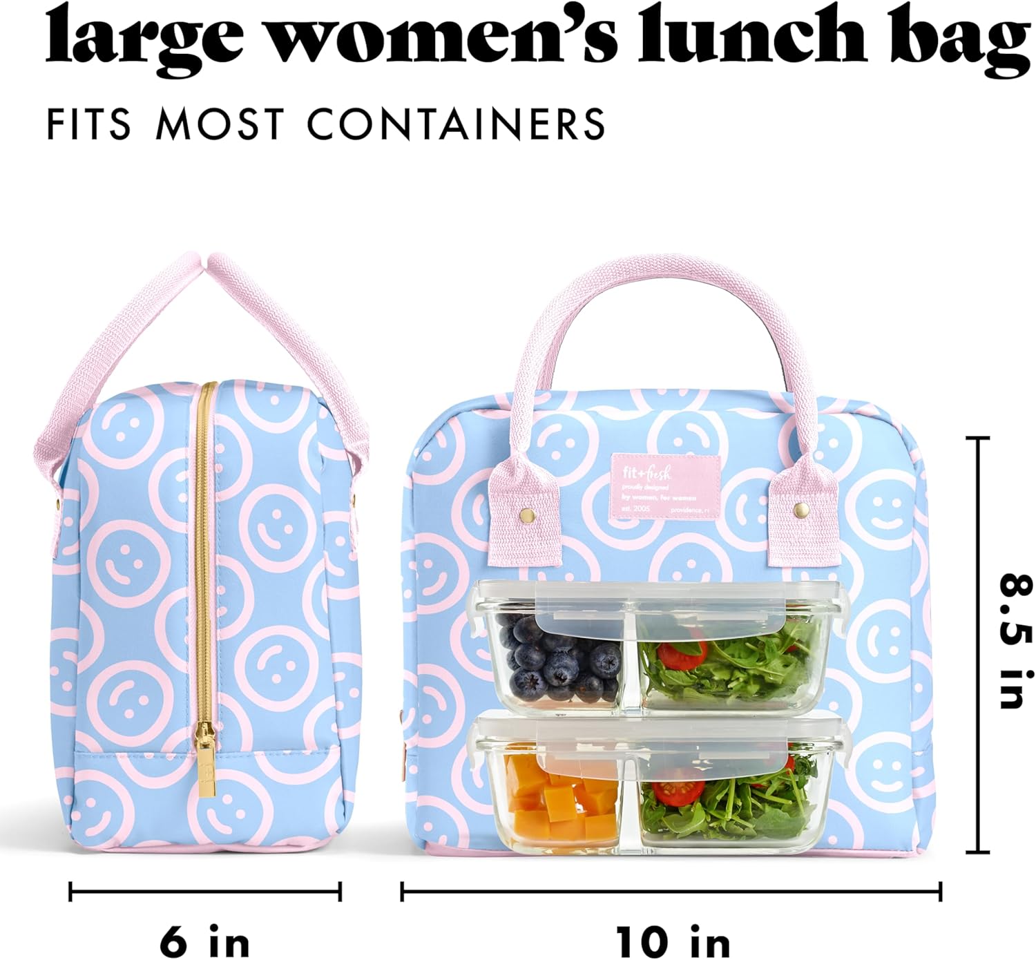 Fit & Fresh Bloomington Lunch Bag for Women - Insulated Large Lunch Box for Work with Containers, Leak-Resistant, Stain-Resistant, Zipper Closure, All Smiles Bubble Gum - Image 3