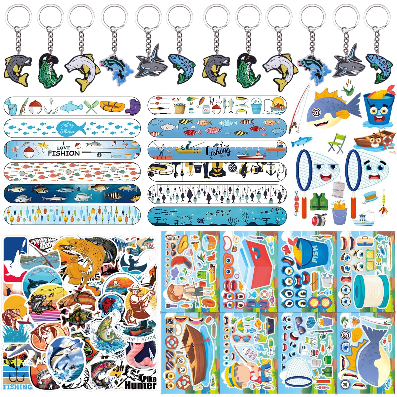 Anprola Fishing Party Favors Includes Fishing Make Your Own Fishing Stickers Slap Bracelets Wristbands Keychain and Stickers for Fishing Themed Birthdays Party Gifts Supplies Decorations