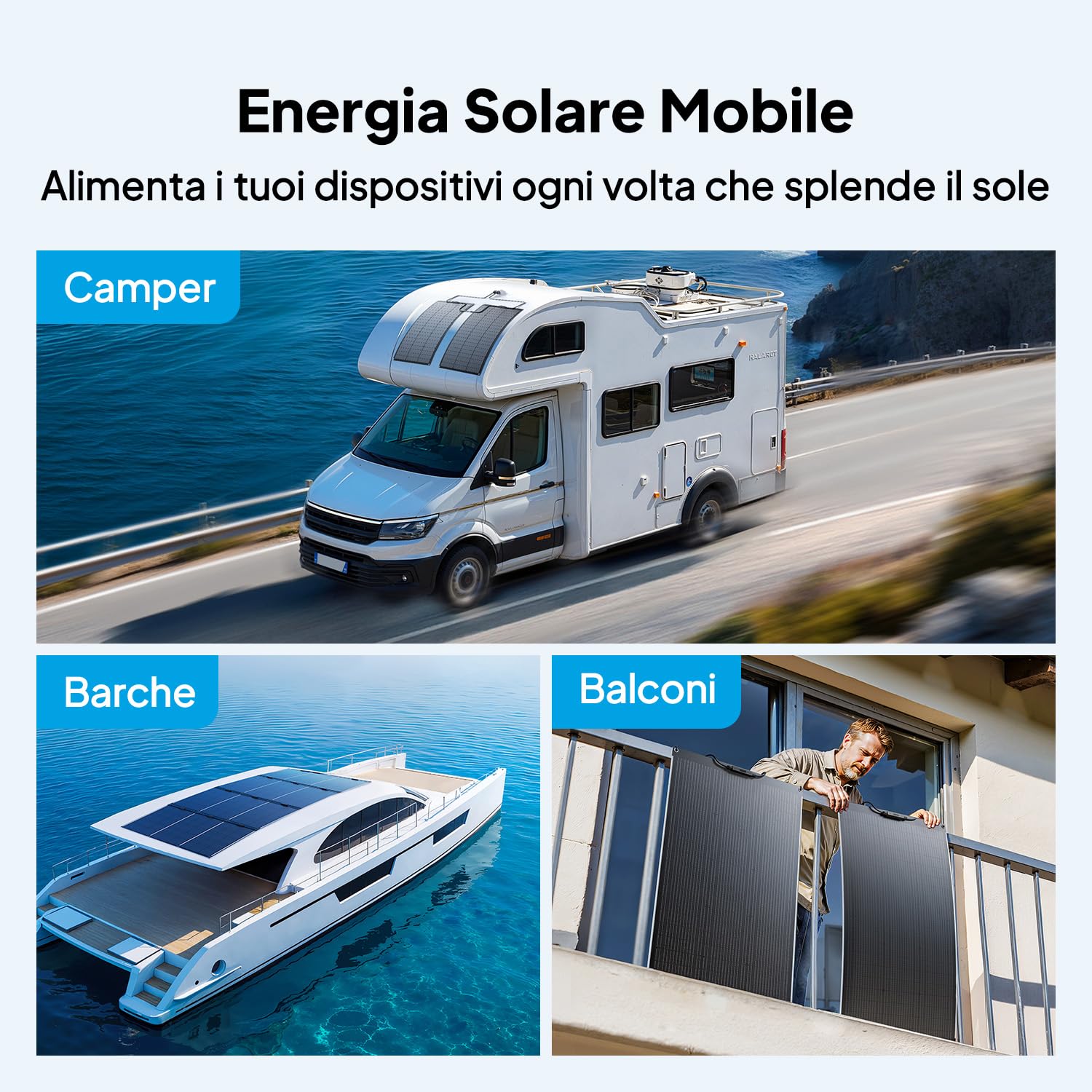 BLUETTI 2 100W pannelli solari flessibili da per sistema RVSolar 48V, efficienza 23,4%, piegabili a 240°, pannello solare IP67 per camper, campeggio, uso marino e superfici curve