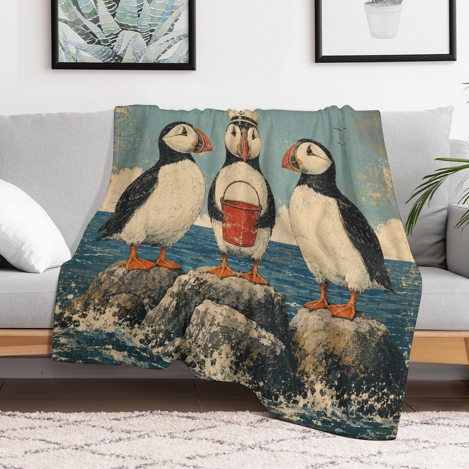 Trio di pulcinella di mare con secchio Coperta Coperta TV Calda | coperta divano morbida con Arte del libro di fiabe e Illustrazione carina per bambini, per divano, letto, 175x200cm(70x80in)