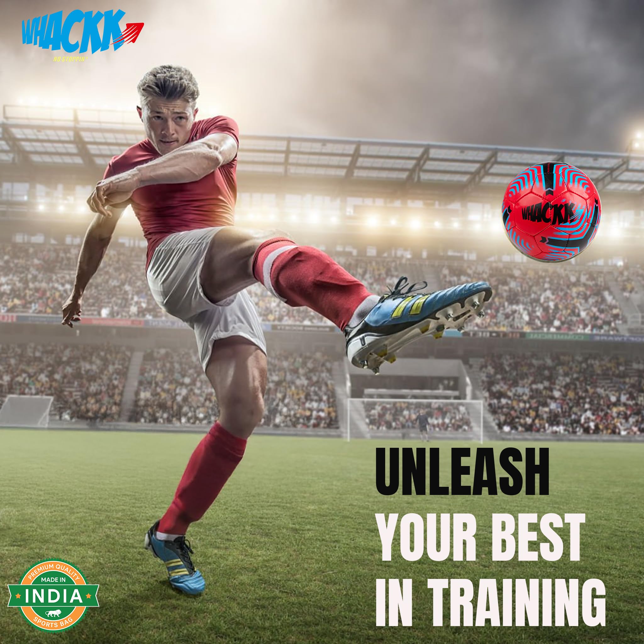 WHACKK Football Soccer Ball Hand Stitched for Practice & Training - Original PVC Waterproof. 3 Layered Ideal Sports Ball for All Ages on Ground, Grass and Turf (Size 5, Red) 1