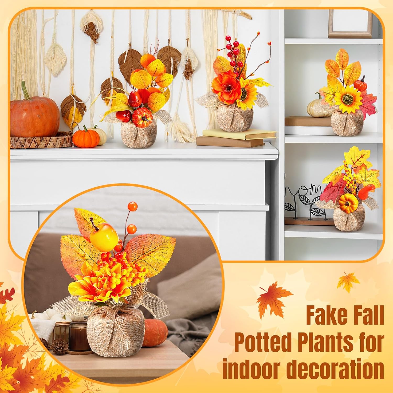 Giegxin 10 Pcs Thanksgiving Fall Halloween Artificial Potted Flowers Fall Decor Fake Potted Plants with Pumpkin, Sunflower, Maple Leaf, Pine Cone for Autumn Harvest Decor, Table Centerpiece(Burlap)