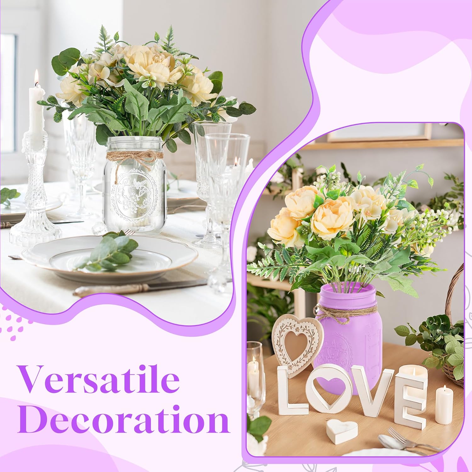 3Pcs Mason Jar Centerpiece Table Decorations with Tray for Coffee Decor, Dining Table Decor, Farmhouse Decor, Centerpieces Home Decor for Kitchen Living Bathroom, Purple