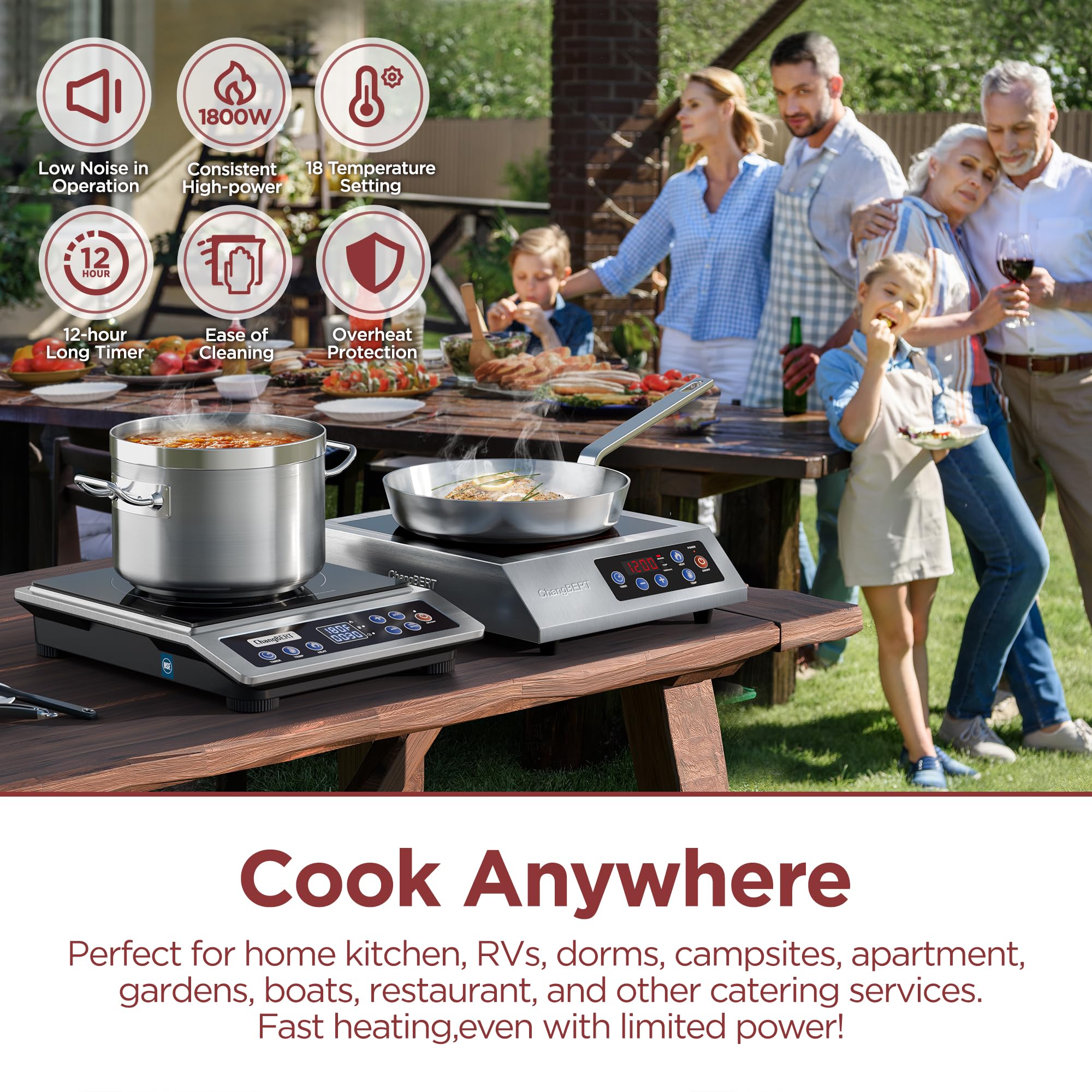 ChangBERT Portable Induction Cooktop, NSF Certified Pro Induction Hot Plate, Powerful 1800W with Large 8" Heating Coil, 18/10 Commercial Grade Stainless Steel