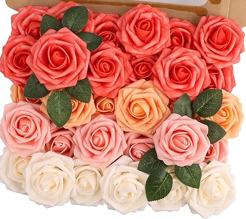 Miniatura 19 de MACTING Flores Artificiales Rosas 30PCS Tacto Real Flores Falsas con Tallo Rosa de Espuma Arcoíris para Bricolaje Ramos de Novia de Boda Centros