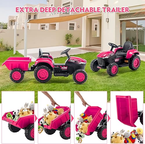 Miniatura 6 de MELLCOM Tractor de paseo para niños, tractor de ruedas eléctricas de 12 V con remolque y control remoto, automóvil para niños pequeños con motores
