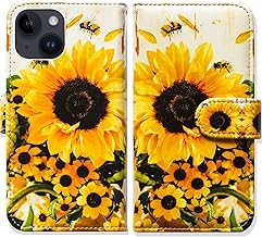 Case for iPhone 15,Sunflower Bee Leather Flip Phone Case Wallet Cover with Card Slot Holder Kickstand for iPhone 15