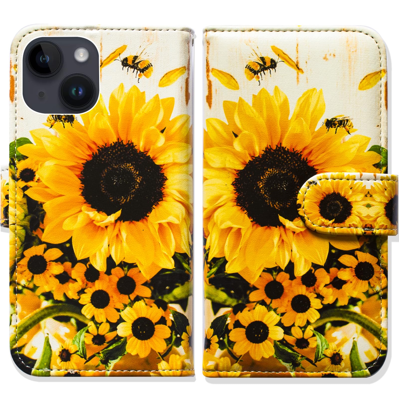 Bcov Case for iPhone 15 Plus,Sunflower Bee Leather Flip Phone Case Wallet Cover with Card Slot Holder Kickstand for iPhone 15 Plus