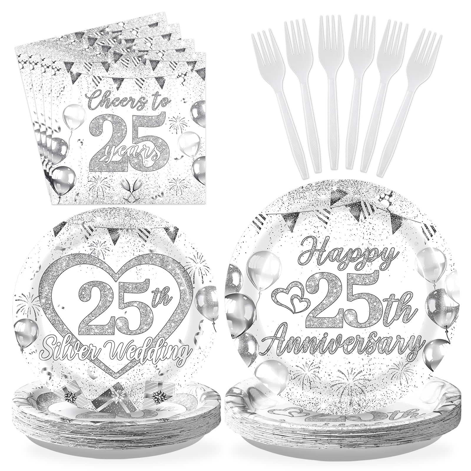 96 Pcs 25th Wedding Anniversary Decorations, Serves 24