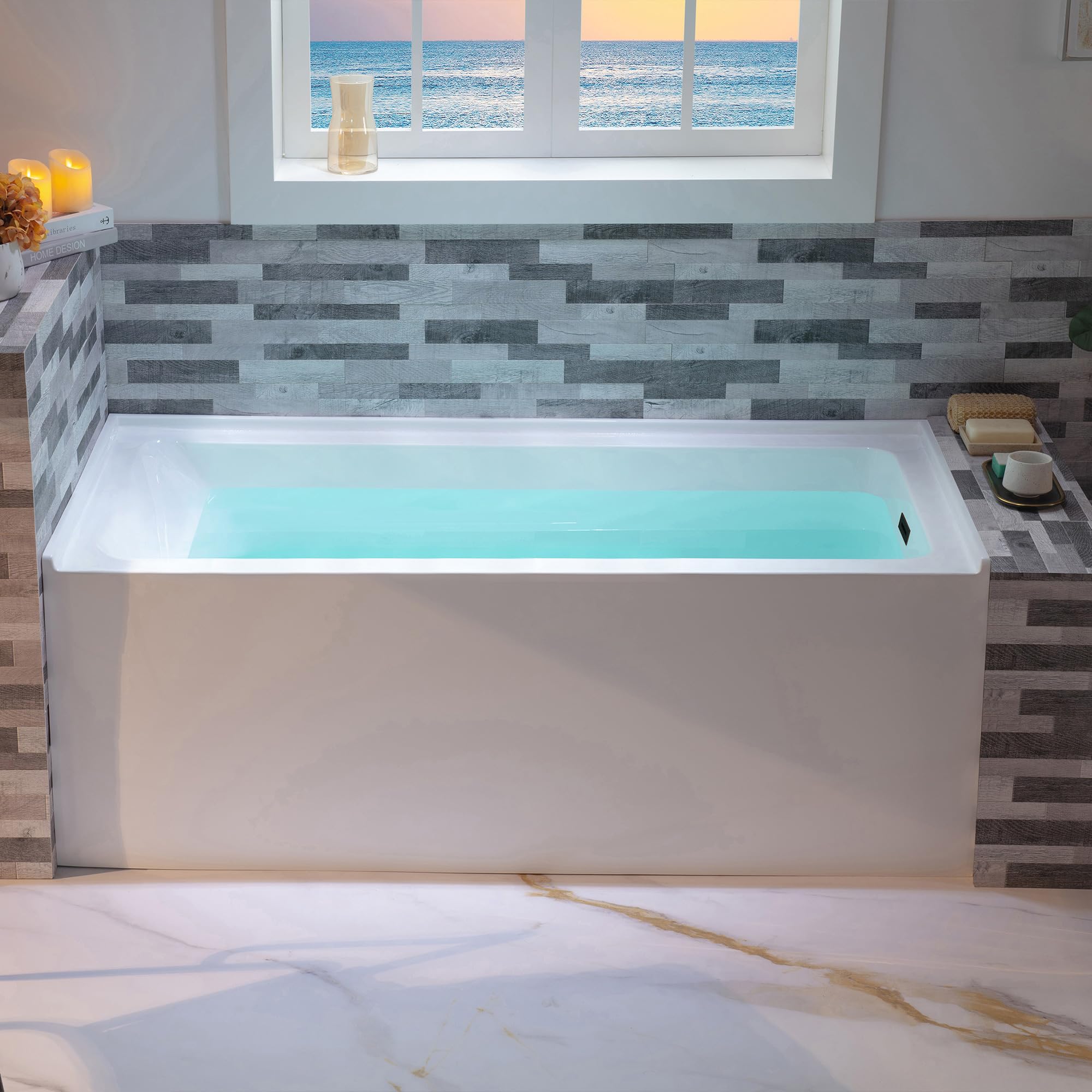 WOODBRIDGE 60" Acrylic Rectangular Alcove Soaking Bathtub in White with Right Drain, Oil Rubbed Bronze pop-up Drain Included, LB666-R