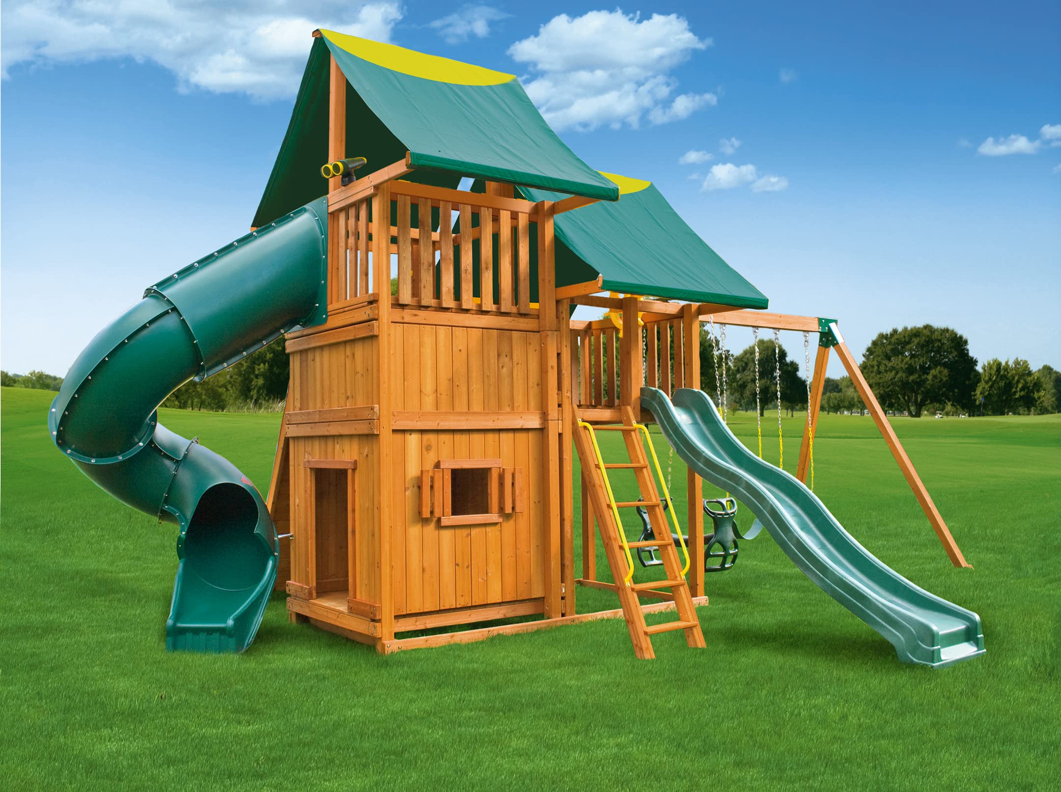 Sky Solid Cedar Wood Swing Set Jungle Gym with Clubhouses, Rock Wall, 2 Slides, Bottom Clubhouse, Wooden Step Ladder, Swings, and Accessories Easy Assembly Kids Playhouse 1,250lbs - 4 Toys Games