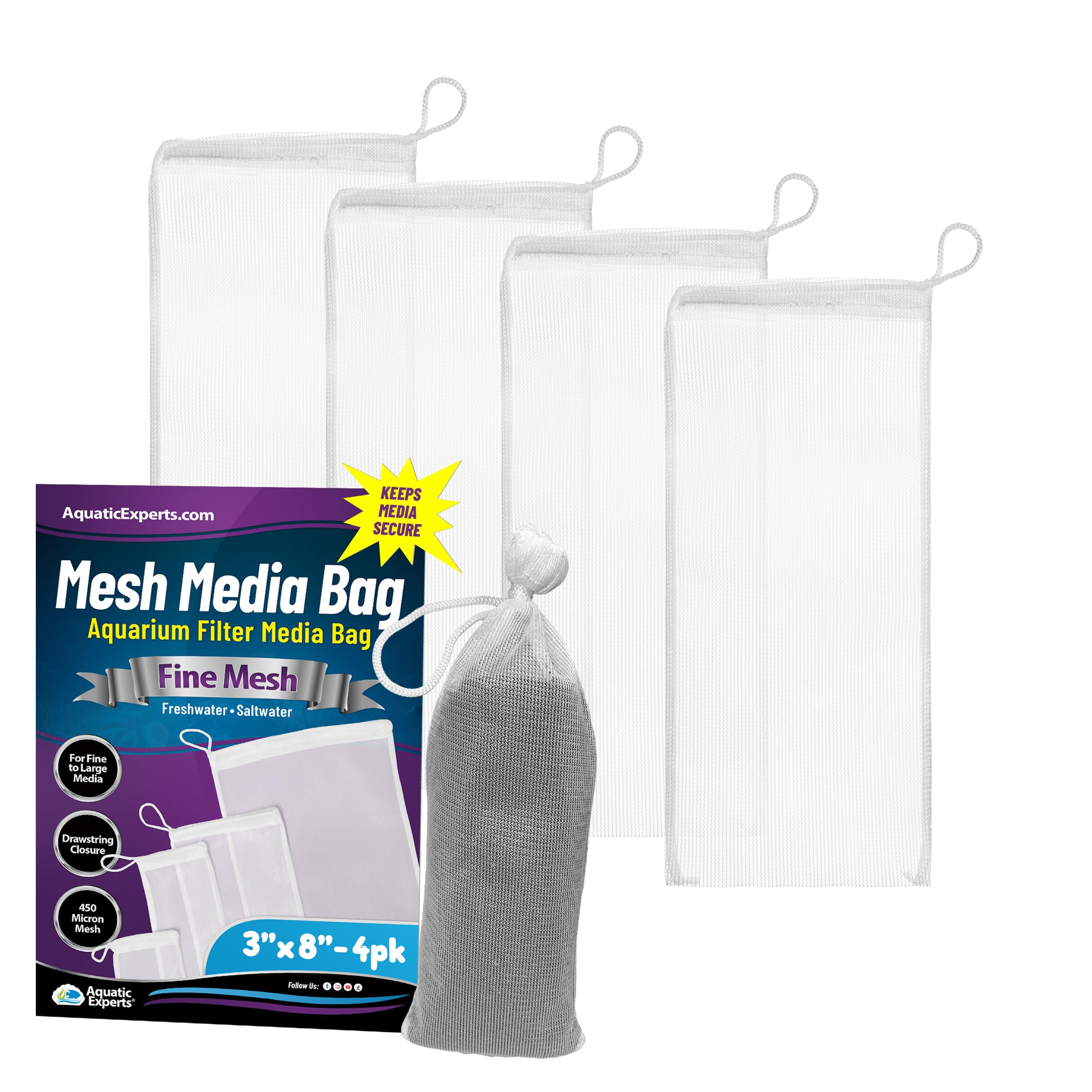 Aquatic Experts Fine Aquarium Media Bag, Durable Drawstring Bags for Fish Tank Filters, 450 Micron Mesh, (Fine, 3"x 8" - 4 Pack)