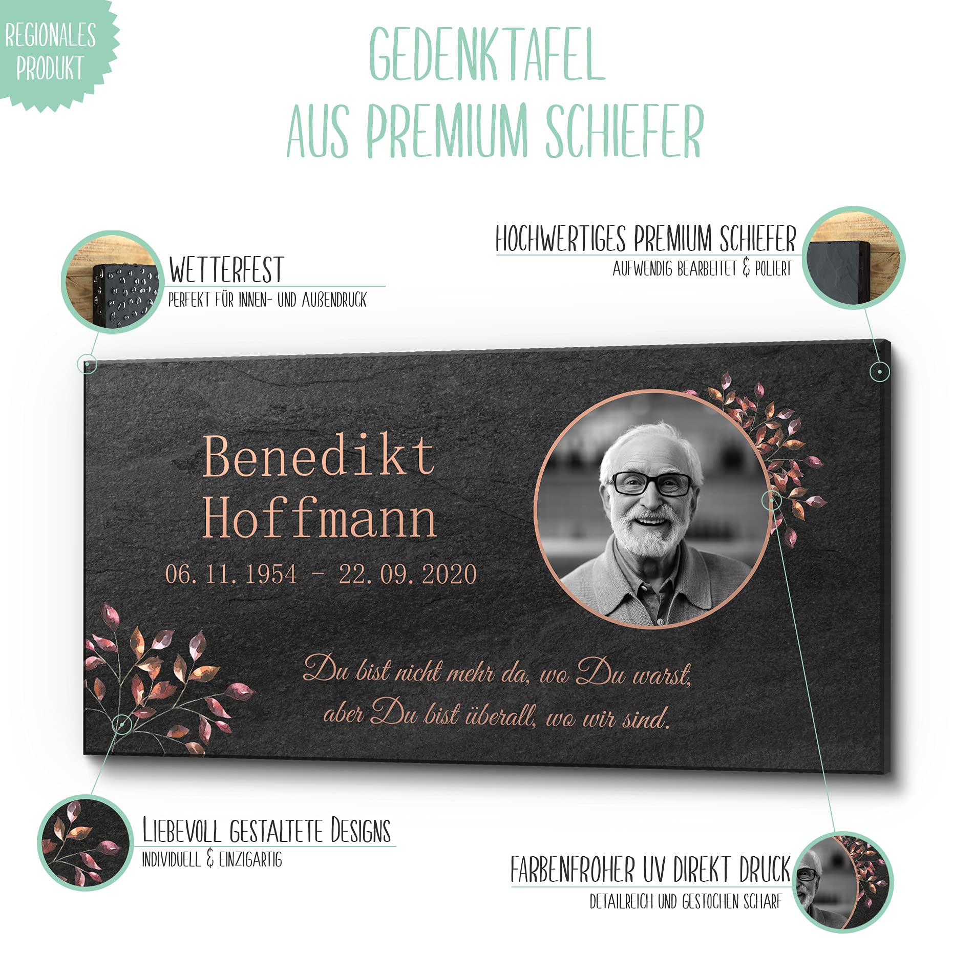 CHRISCK design Schieferplatte aus Premium Schiefer mit UV-Druck | 30 x 20 cm wetterfest & personalisiert | Grabstein mit Text