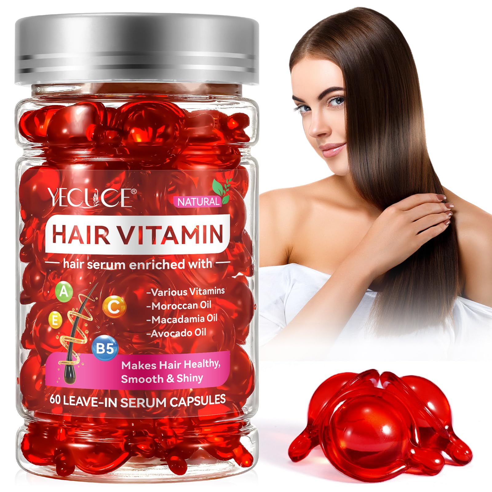 Hair Vitamin Serum Capsule, 60Pcs Hair Treatment Serum Oil Capsules - Condition Repair & Moisturize Formula with Argan Macadamia Avocado Oils, Rich in Vitamin A C E & B5, no Rinse & Safe for All Hair