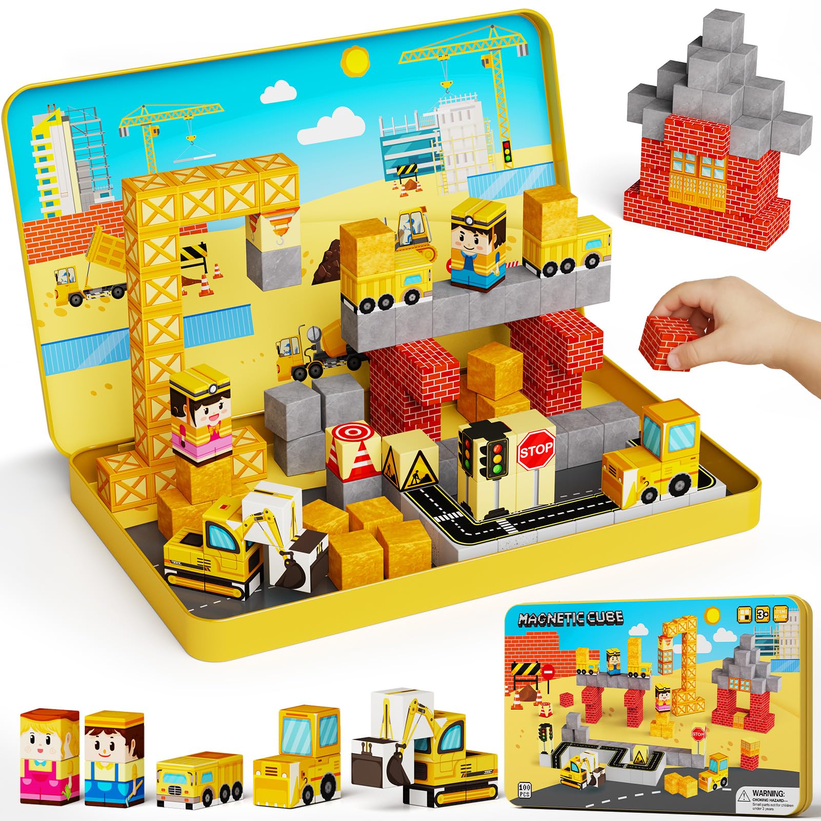 Magnetische Bausteine Reiseset Baustelle: 100 Teile für Jungen | Baustellen-Magnetwürfel mit Metalldose als Bauplatte für 1-3 Kinder – 1h ruhig & streitenfrei für Auto/Flug/Restaurant